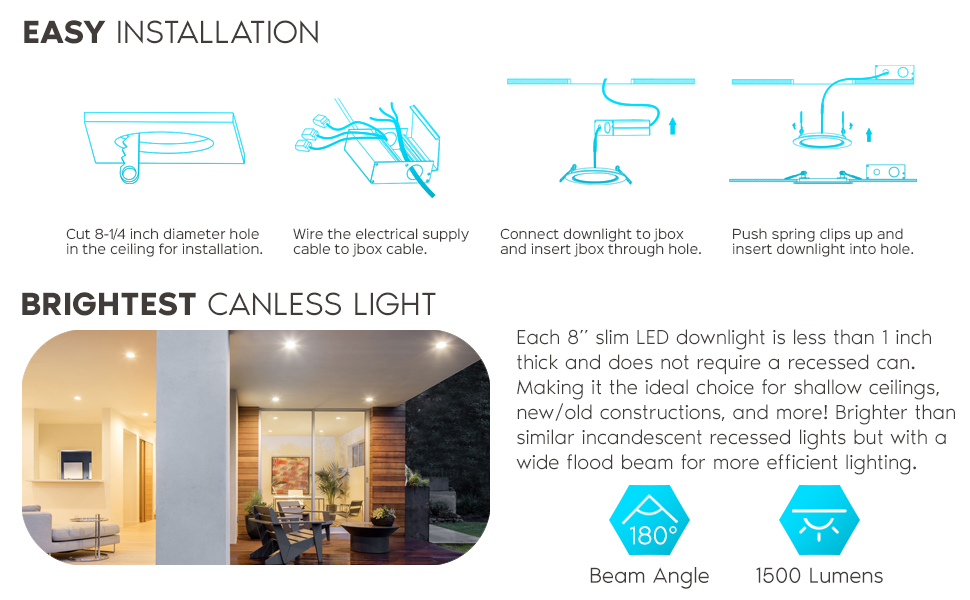 LED Recessed Ultra Thin Slim Downlights Retrofit Lights No Can Housing 8 Inch 8" Shallow Ceiling