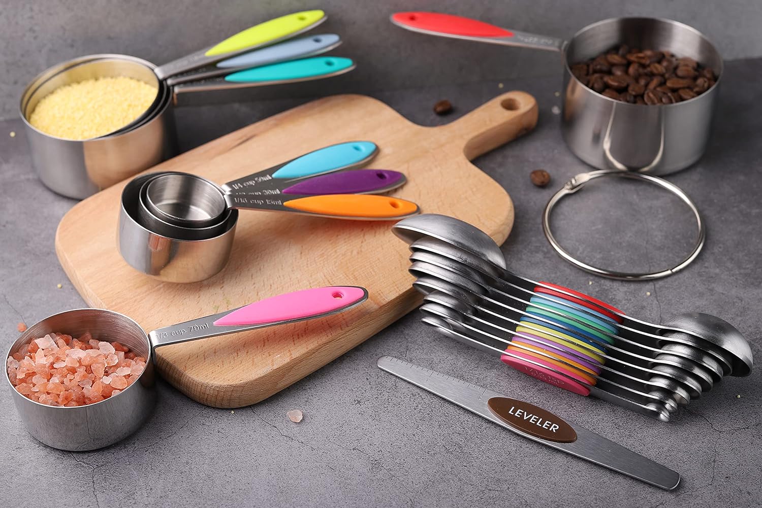 Measuring Cups and Spoons Set Stainless Steel Including 8 Stackable Measuring Cup 8 Double Sided Magnetic Measuring Spoons with 1 Leveler for Dry and Liquid Ingredients - Image 6