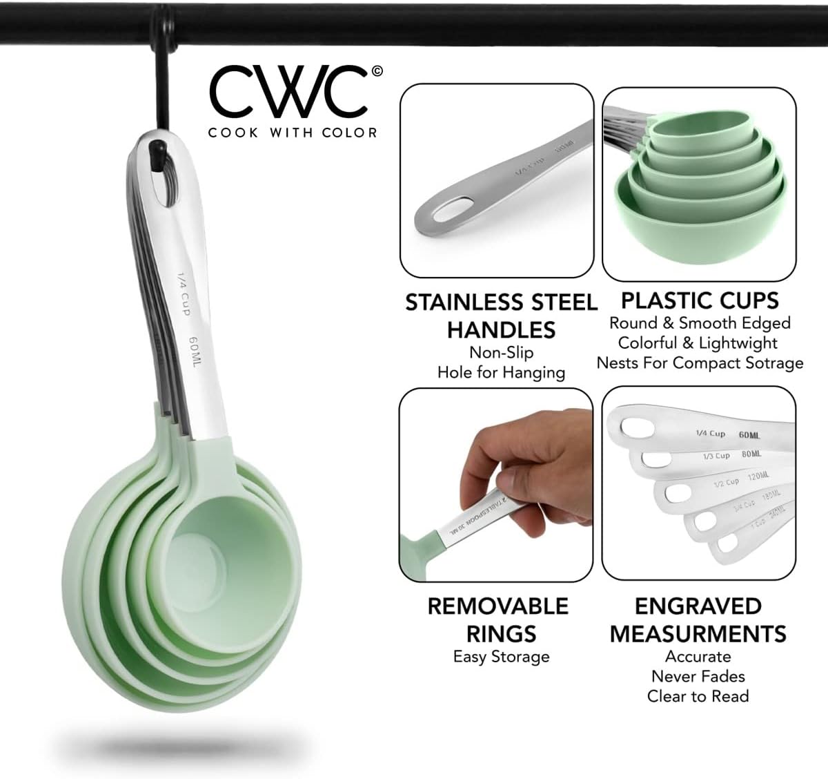 COOK WITH COLOR 12 PC Measuring Cups Set and Measuring Spoon Set, Stainless Steel Handles, Nesting Kitchen Liquid/Dry Measuring Cup Set (Mint) - Image 4
