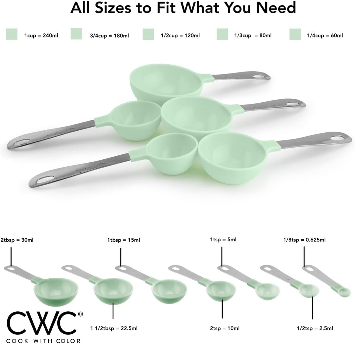 COOK WITH COLOR 12 PC Measuring Cups Set and Measuring Spoon Set, Stainless Steel Handles, Nesting Kitchen Liquid/Dry Measuring Cup Set (Mint) - Image 5
