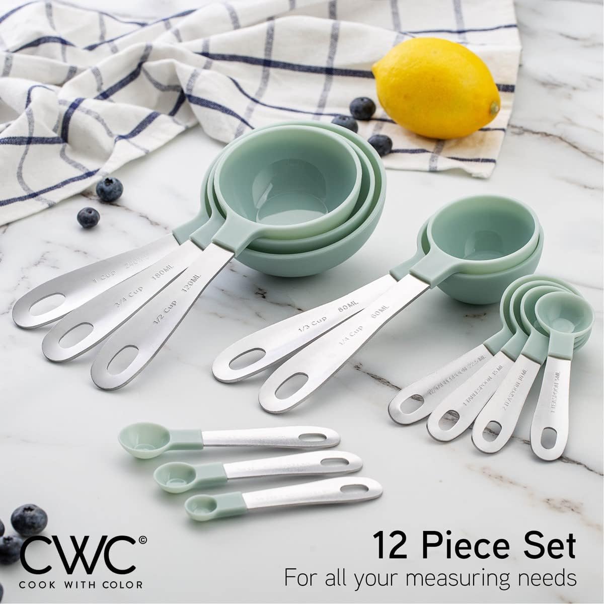 COOK WITH COLOR 12 PC Measuring Cups Set and Measuring Spoon Set, Stainless Steel Handles, Nesting Kitchen Liquid/Dry Measuring Cup Set (Mint) - Image 2