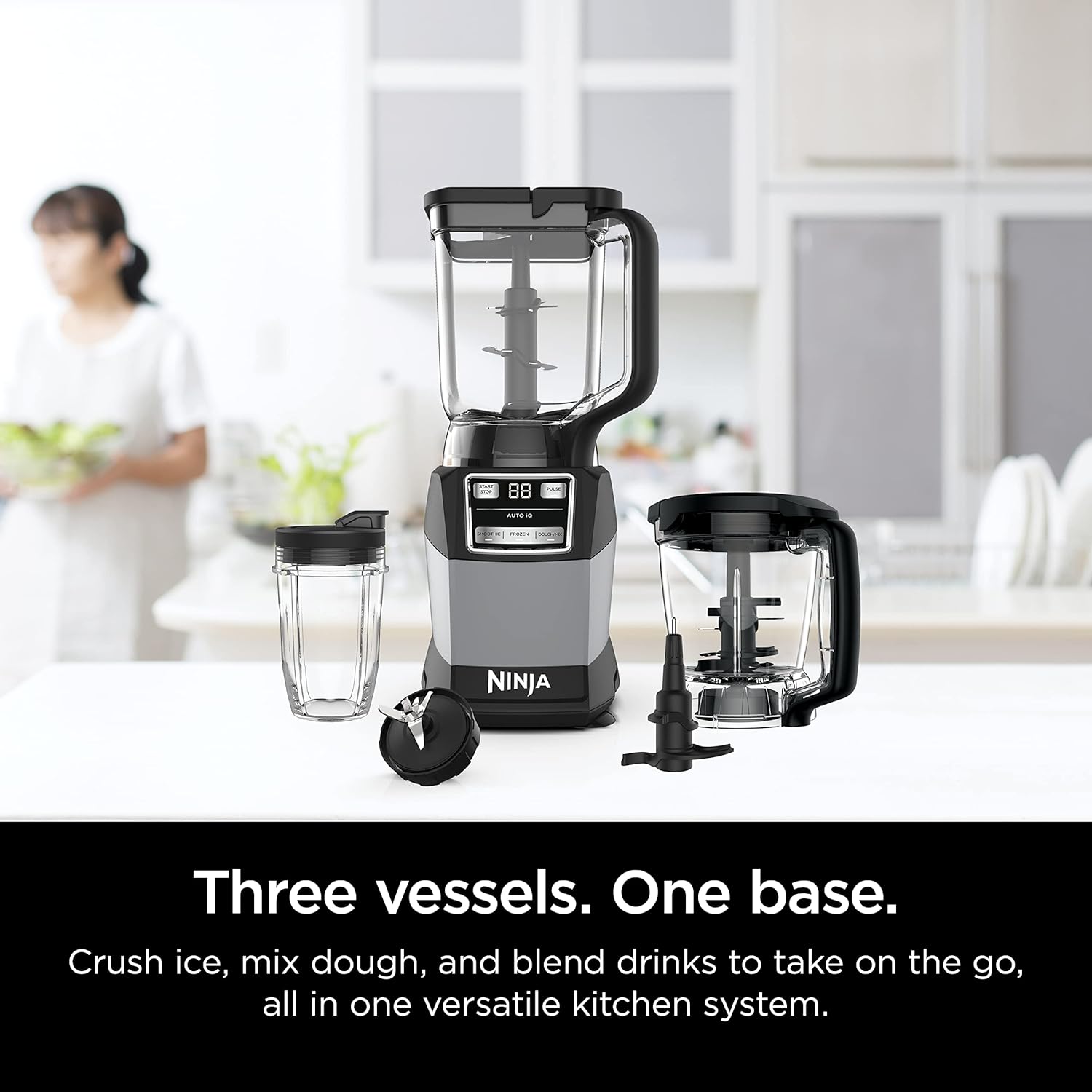 Ninja AMZ493BRN Compact Kitchen System, 1200W, 3 Functions for Smoothies, Dough & Frozen Drinks with Auto-IQ, 72-oz.* Blender Pitcher, 40-oz. Processor Bowl & 18-oz. Single-Serve Cup, Grey - Image 2