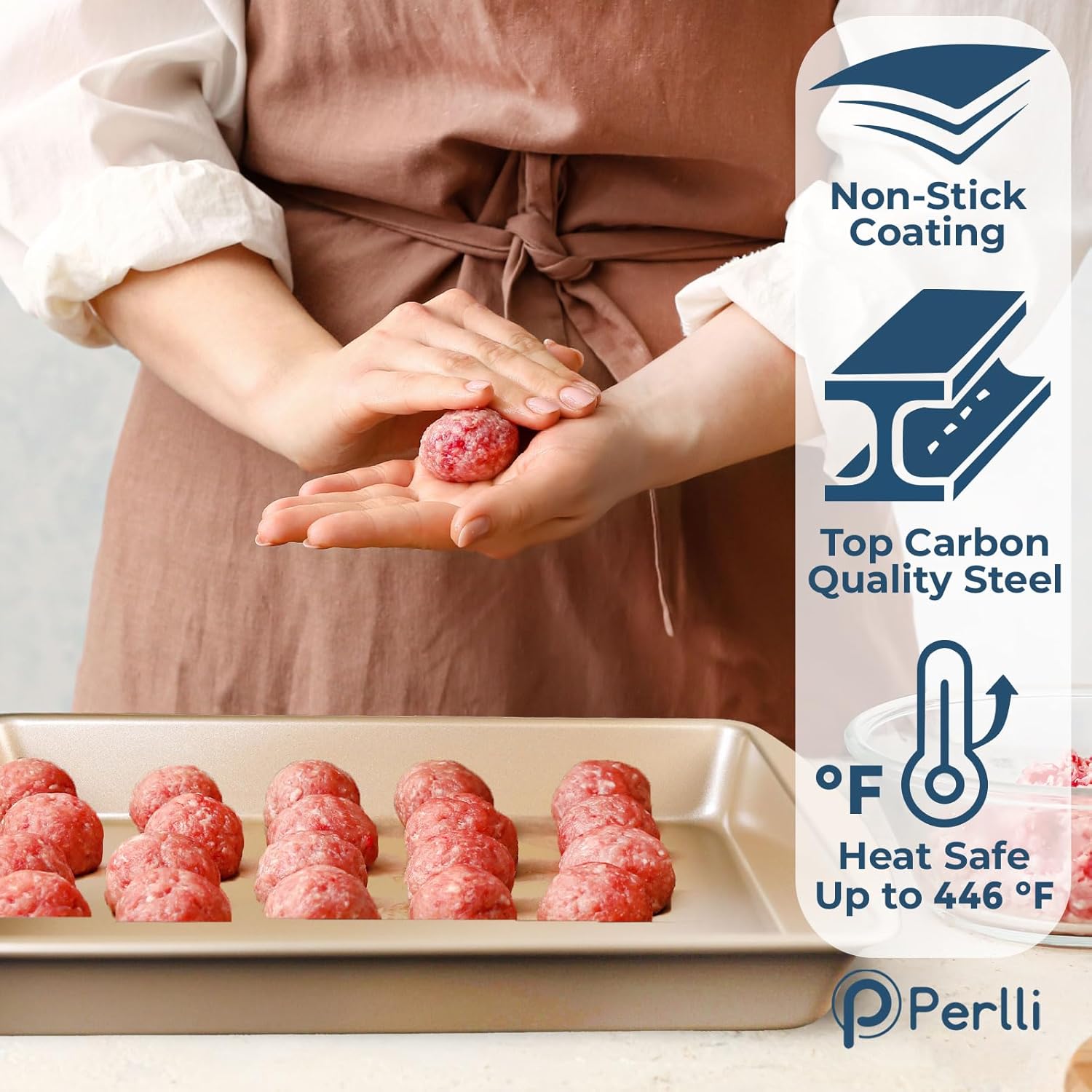 Perlli Baking Pan 10 Piece Set Nonstick Gold Steel Oven Bakeware Kitchen Set with Silicone Handles, Cookie Sheets, Round Cake Pans, 9x13 Pan with Lid, Loaf Pan, Deep Pan, Pizza Crisper, Muffin Pan - Image 4