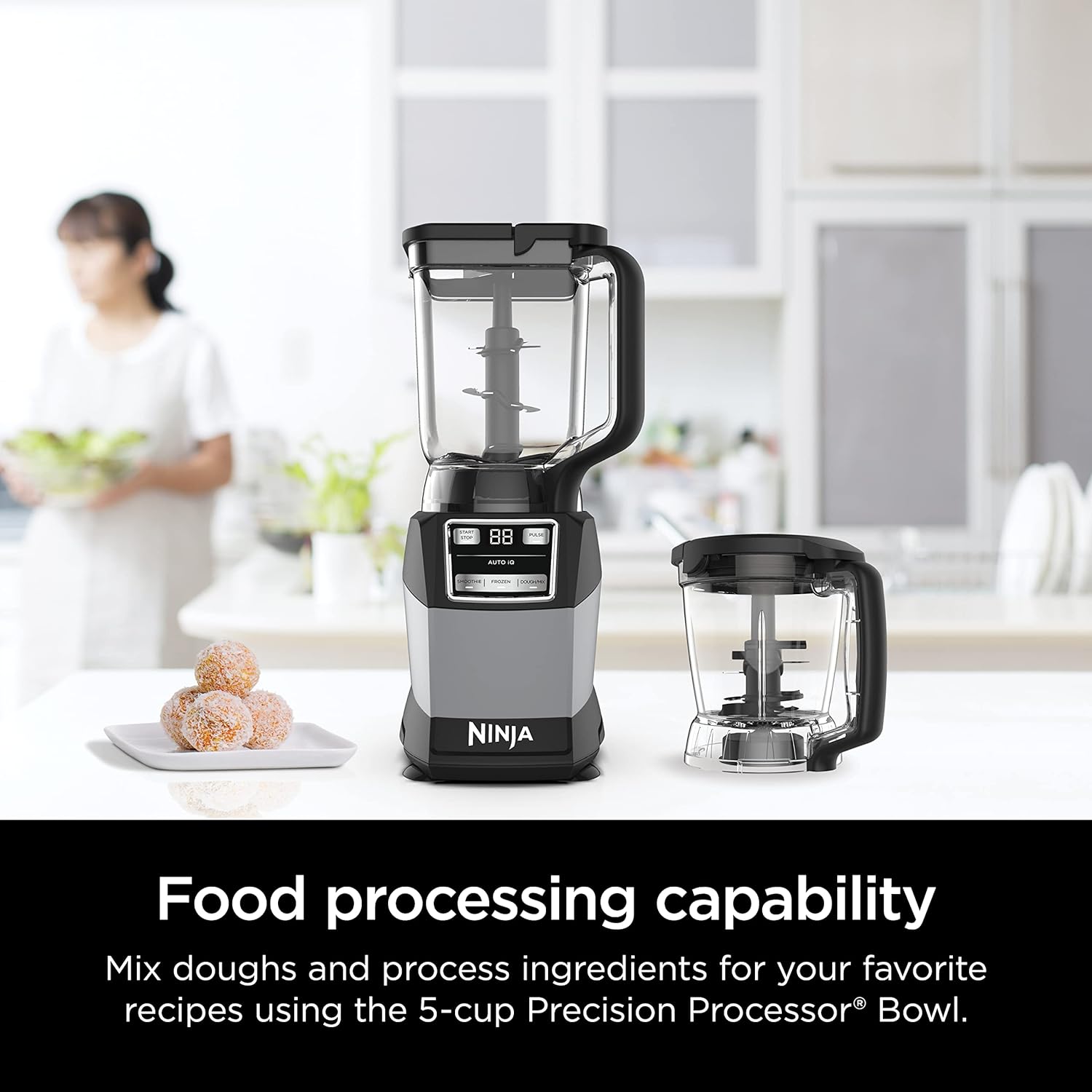Ninja AMZ493BRN Compact Kitchen System, 1200W, 3 Functions for Smoothies, Dough & Frozen Drinks with Auto-IQ, 72-oz.* Blender Pitcher, 40-oz. Processor Bowl & 18-oz. Single-Serve Cup, Grey - Image 4