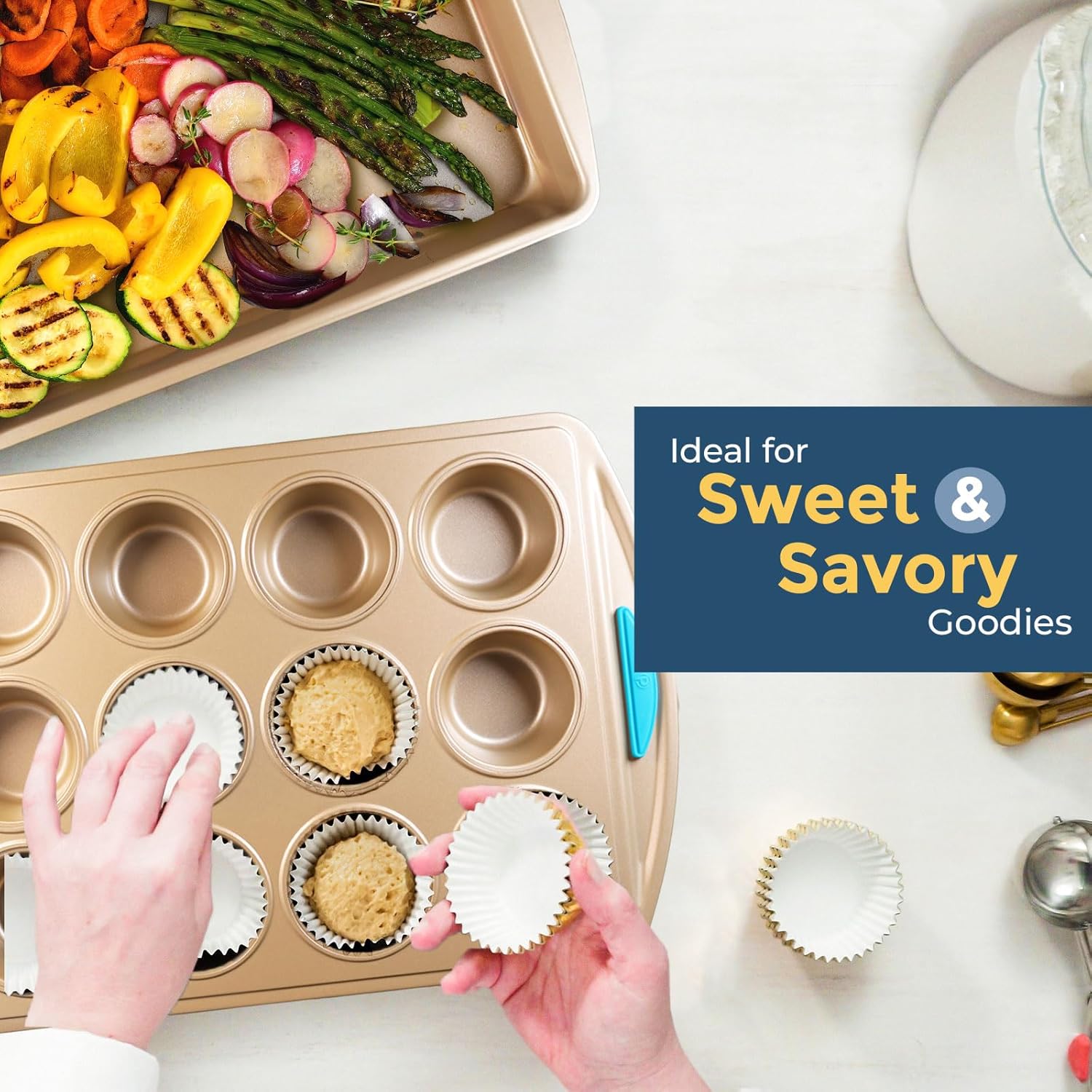 Perlli Baking Pan 10 Piece Set Nonstick Gold Steel Oven Bakeware Kitchen Set with Silicone Handles, Cookie Sheets, Round Cake Pans, 9x13 Pan with Lid, Loaf Pan, Deep Pan, Pizza Crisper, Muffin Pan - Image 6