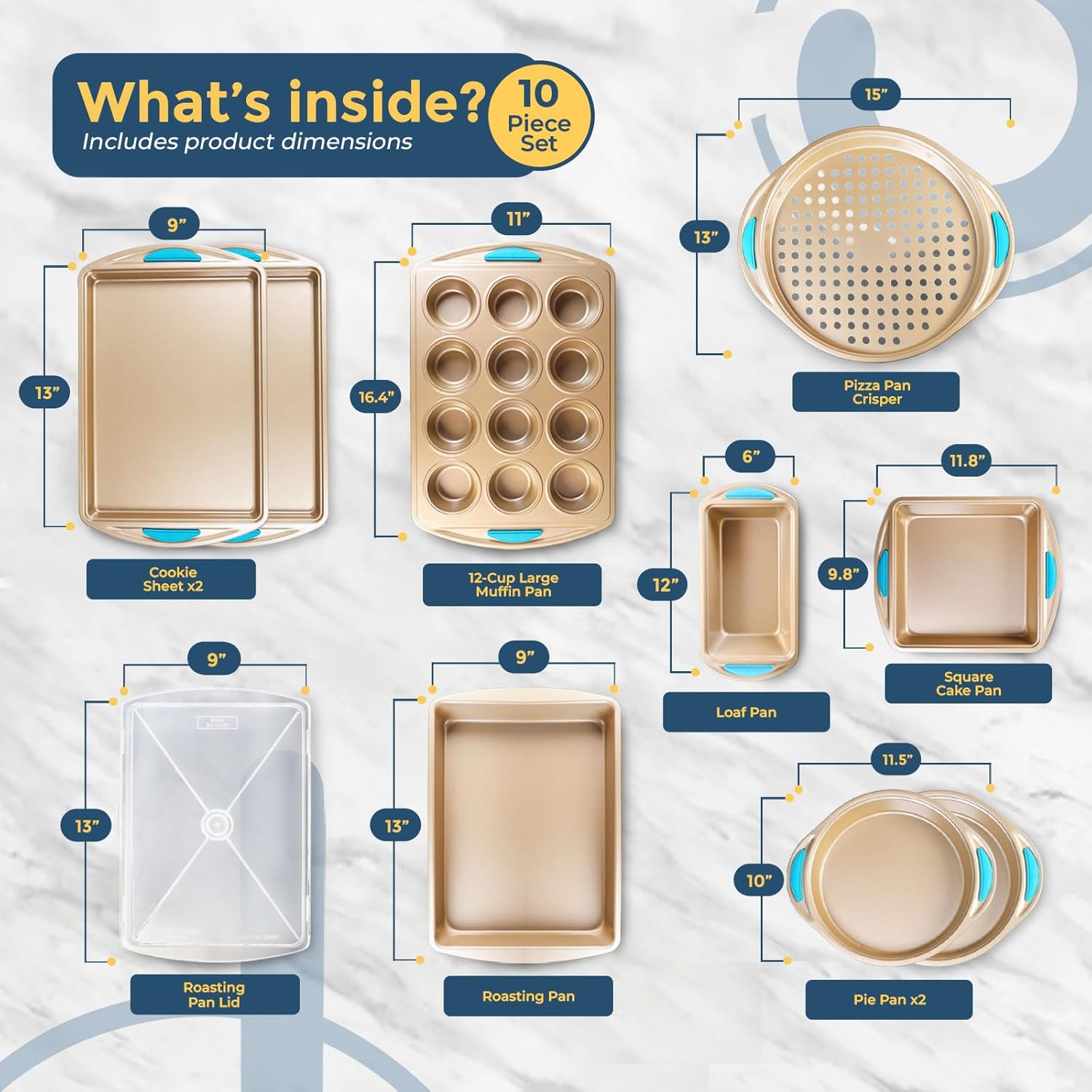 Perlli Baking Pan 10 Piece Set Nonstick Gold Steel Oven Bakeware Kitchen Set with Silicone Handles, Cookie Sheets, Round Cake Pans, 9x13 Pan with Lid, Loaf Pan, Deep Pan, Pizza Crisper, Muffin Pan - Image 2