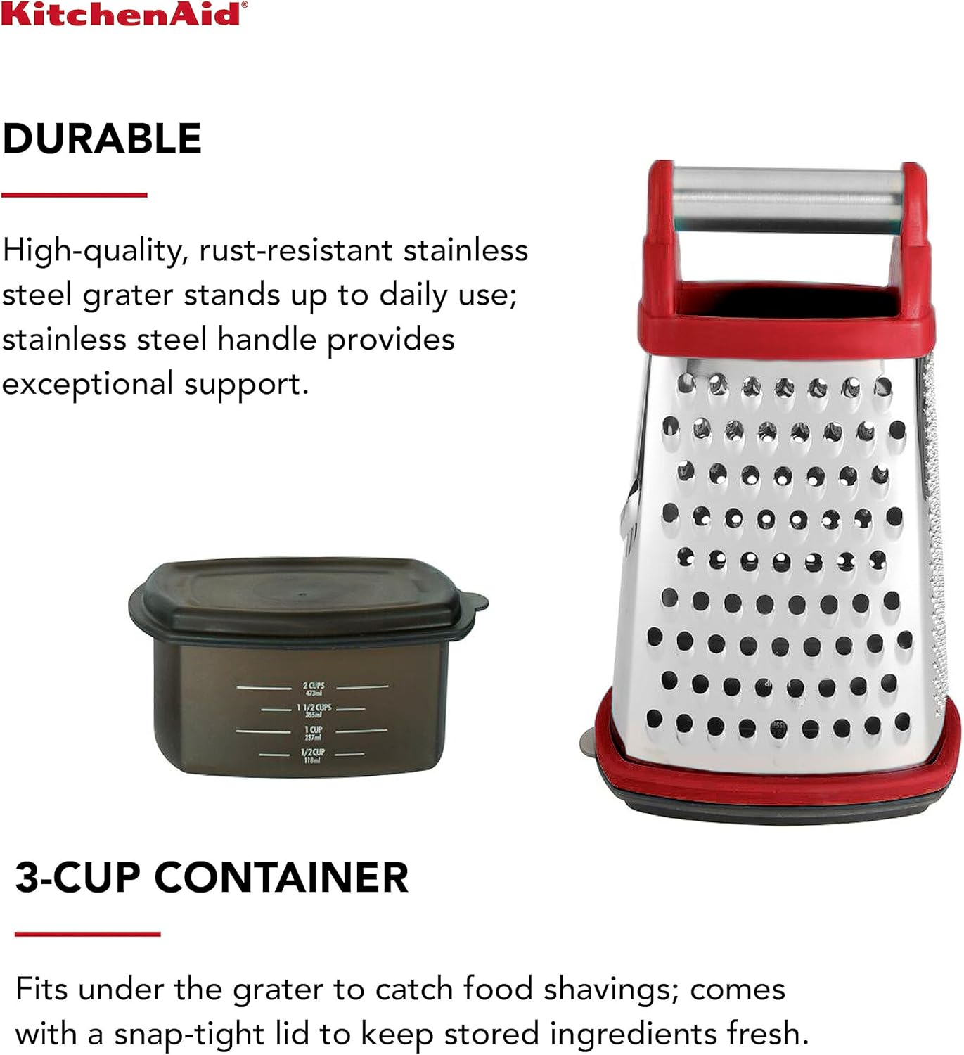 KitchenAid Gourmet 4-Sided Stainless Steel Box Grater for Fine, Medium and Coarse Grate, and Slicing, Detachable 3 Cup Storage Container and Measurment Markings, Dishwasher Safe, 10 inch, Red - Image 3