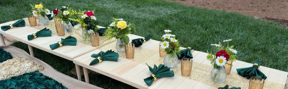 This picnic table is made of solid wood, so each table has a unique wood grain and tone.