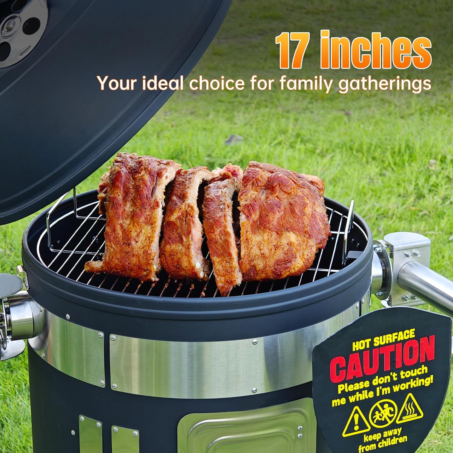 SKY FISH Spacebot Smoker Grill Vertical 16 Inch Steel Charcoal Smoker With Two Metal Arms And Three Wheels, Heavy Duty Round BBQ Grill for Outdoor Cooking,Fire Pit, Black - Image 3