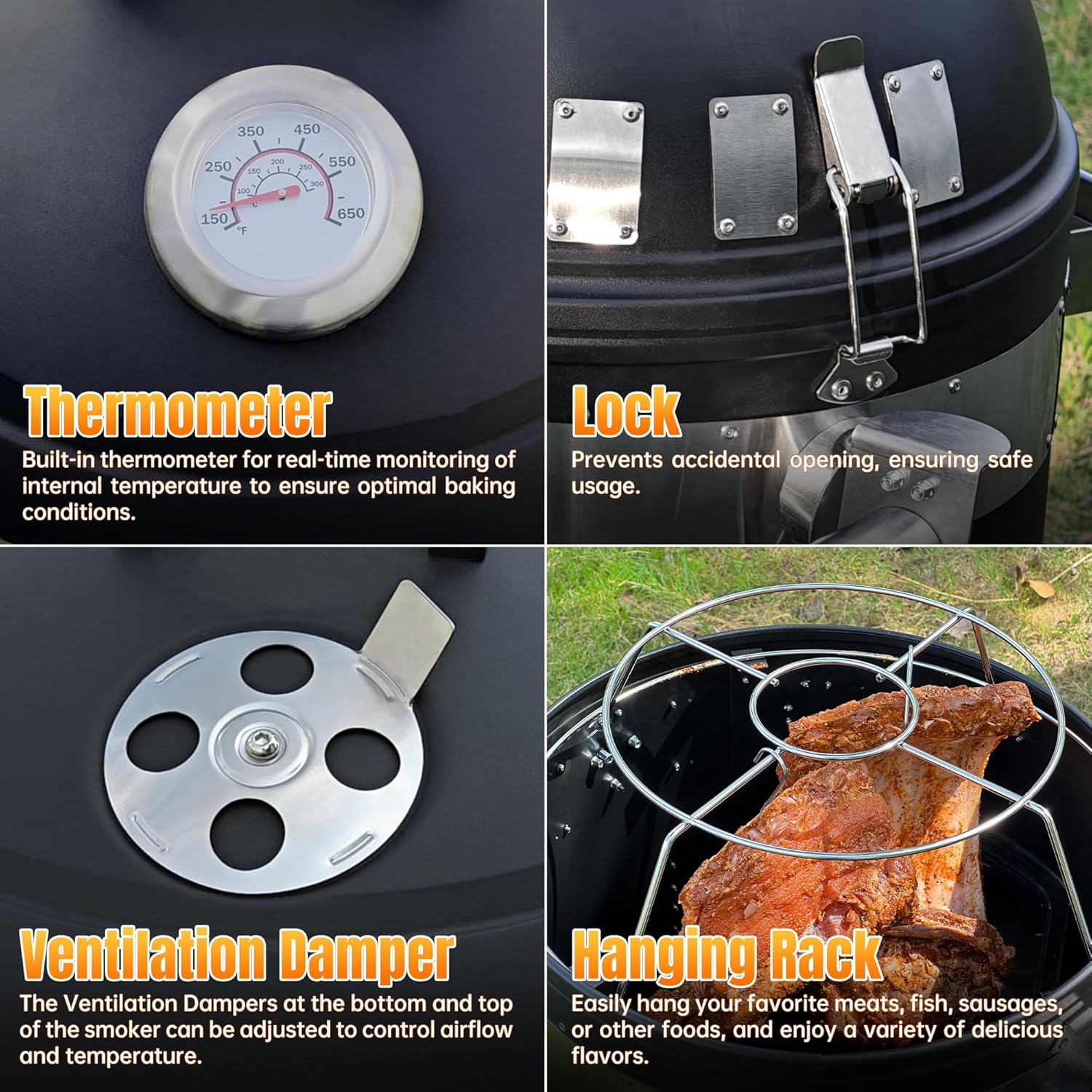 SKY FISH Spacebot Smoker Grill Vertical 16 Inch Steel Charcoal Smoker With Two Metal Arms And Three Wheels, Heavy Duty Round BBQ Grill for Outdoor Cooking,Fire Pit, Black - Image 4