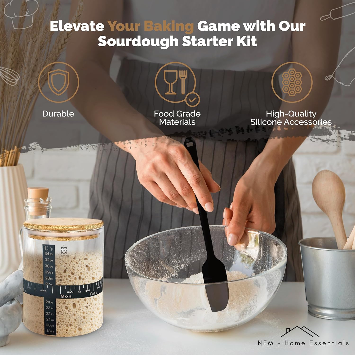 Sourdough Starter Kit & Bread Baking Supplies with 50 oz Glass Jar, Cloth Cover, Airtight Lid, Feeding Band, Spatula, Brush & Thermometer, Easy to Use Bread Making Kit for Artisan Loaves - Image 6