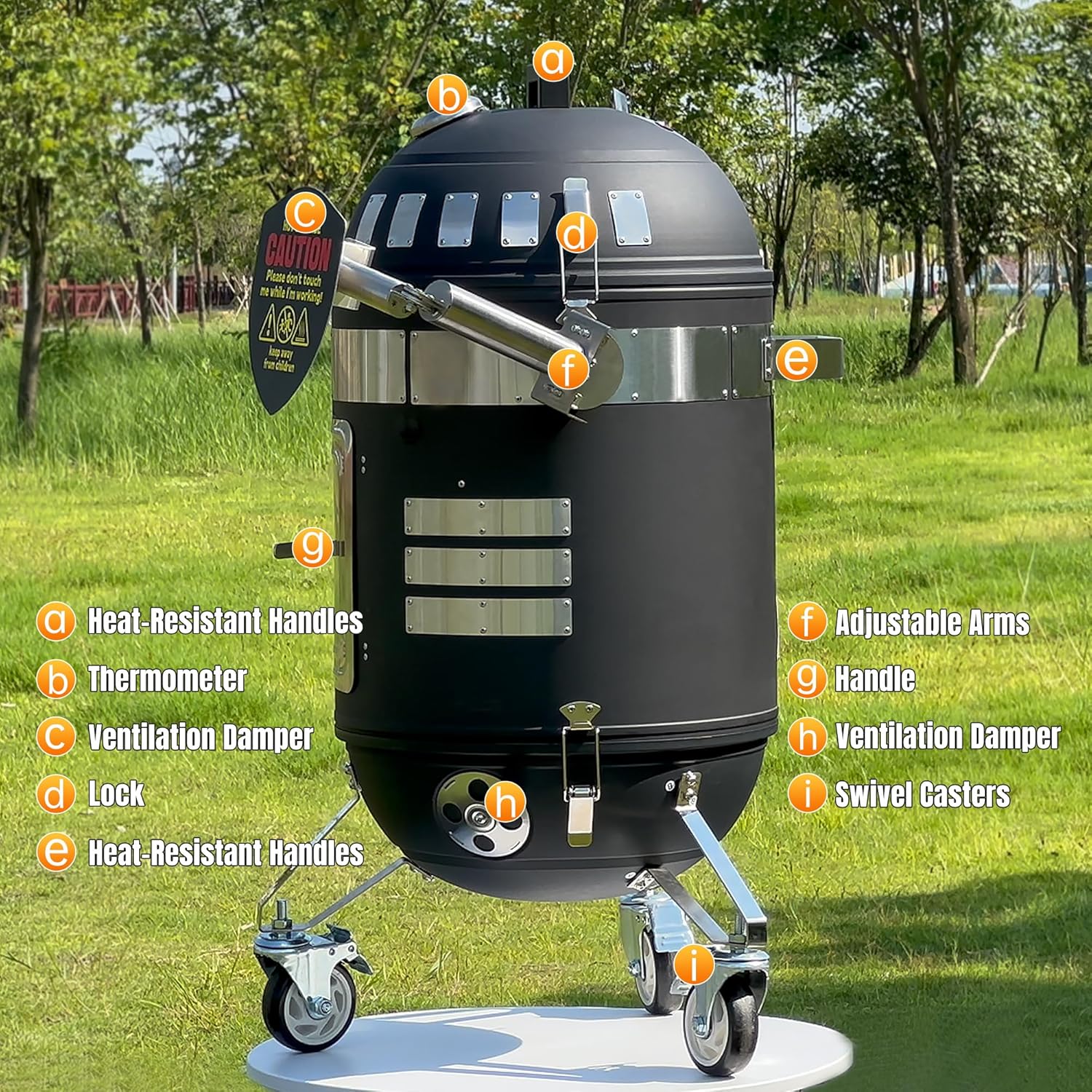 SKY FISH Spacebot Smoker Grill Vertical 16 Inch Steel Charcoal Smoker With Two Metal Arms And Three Wheels, Heavy Duty Round BBQ Grill for Outdoor Cooking,Fire Pit, Black - Image 8