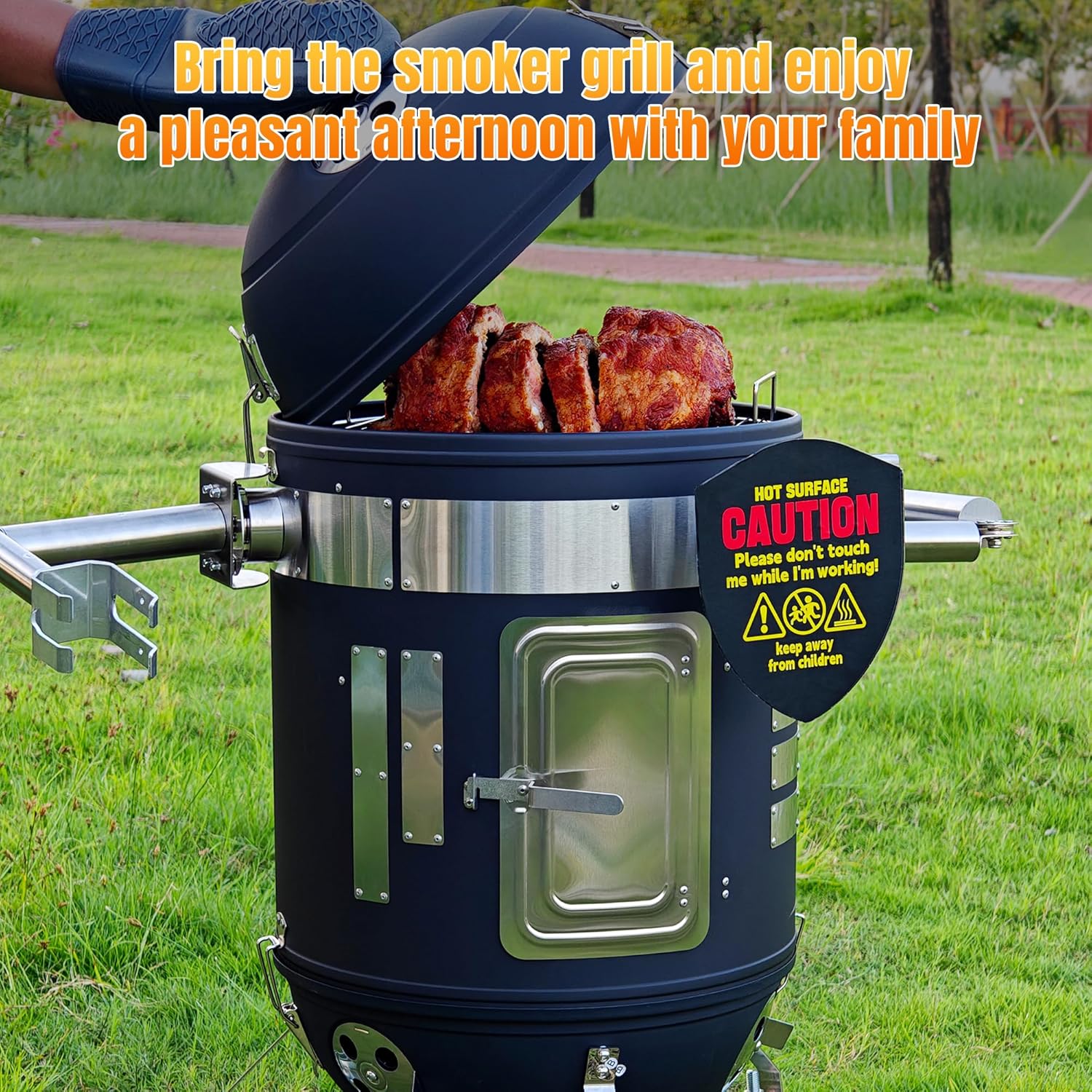 SKY FISH Spacebot Smoker Grill Vertical 16 Inch Steel Charcoal Smoker With Two Metal Arms And Three Wheels, Heavy Duty Round BBQ Grill for Outdoor Cooking,Fire Pit, Black - Image 6