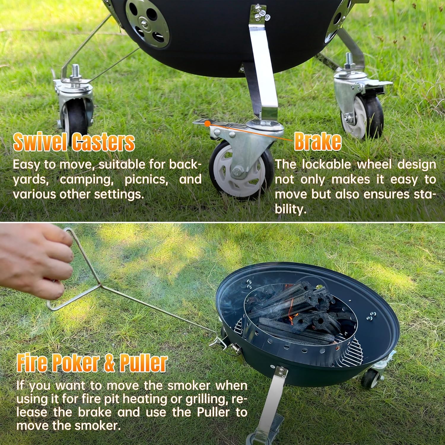 SKY FISH Spacebot Smoker Grill Vertical 16 Inch Steel Charcoal Smoker With Two Metal Arms And Three Wheels, Heavy Duty Round BBQ Grill for Outdoor Cooking,Fire Pit, Black - Image 9