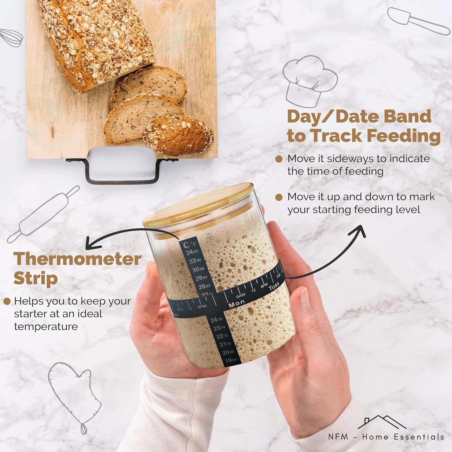 Sourdough Starter Kit & Bread Baking Supplies with 50 oz Glass Jar, Cloth Cover, Airtight Lid, Feeding Band, Spatula, Brush & Thermometer, Easy to Use Bread Making Kit for Artisan Loaves - Image 4