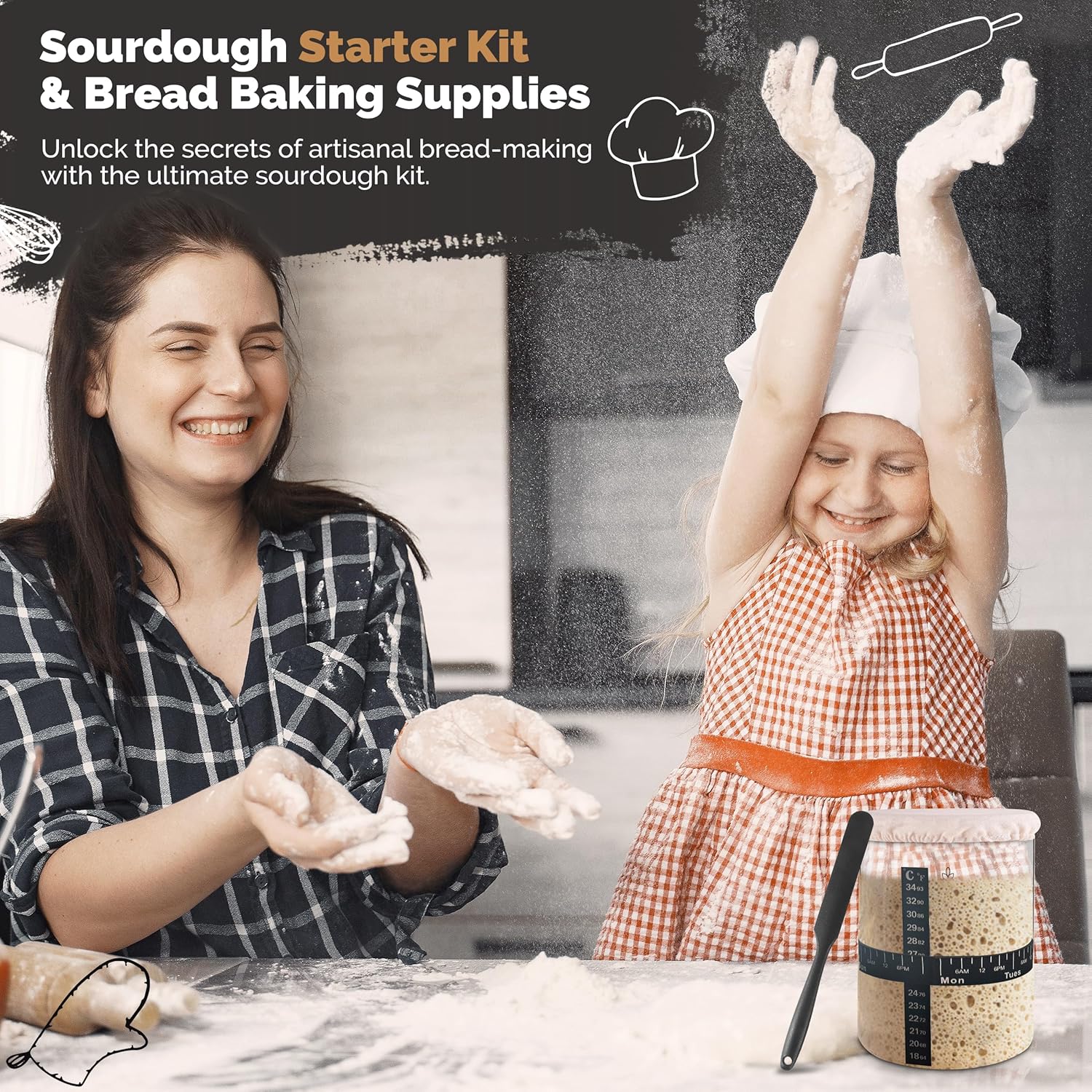 Sourdough Starter Kit & Bread Baking Supplies with 50 oz Glass Jar, Cloth Cover, Airtight Lid, Feeding Band, Spatula, Brush & Thermometer, Easy to Use Bread Making Kit for Artisan Loaves - Image 2