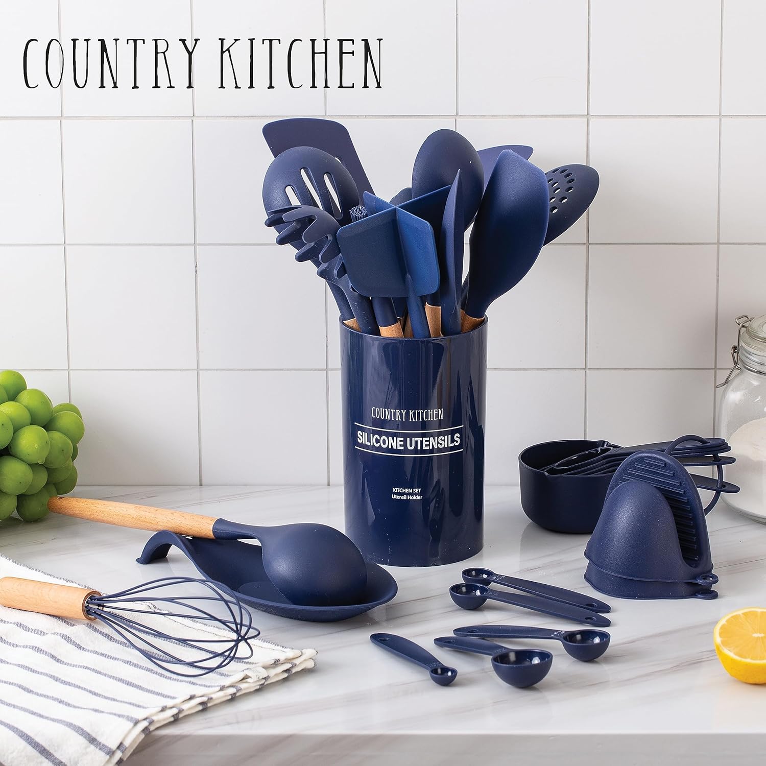 Country Kitchen Non Stick Silicone Utensil Set with Rounded Wood Handles for Cooking and Baking, 38 Piece Set, Navy - Image 5