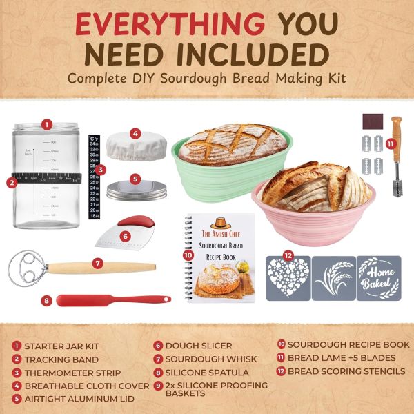 Complete Sourdough Bread Starter Kit, Glass Sourdough Starter Jar Kit & Tons of Sourdough Bread Baking Supplies - Sourdough Starter Kit Includes Sourdough Jar, Silicone Bread Proofing Bread Bowl - Image 2