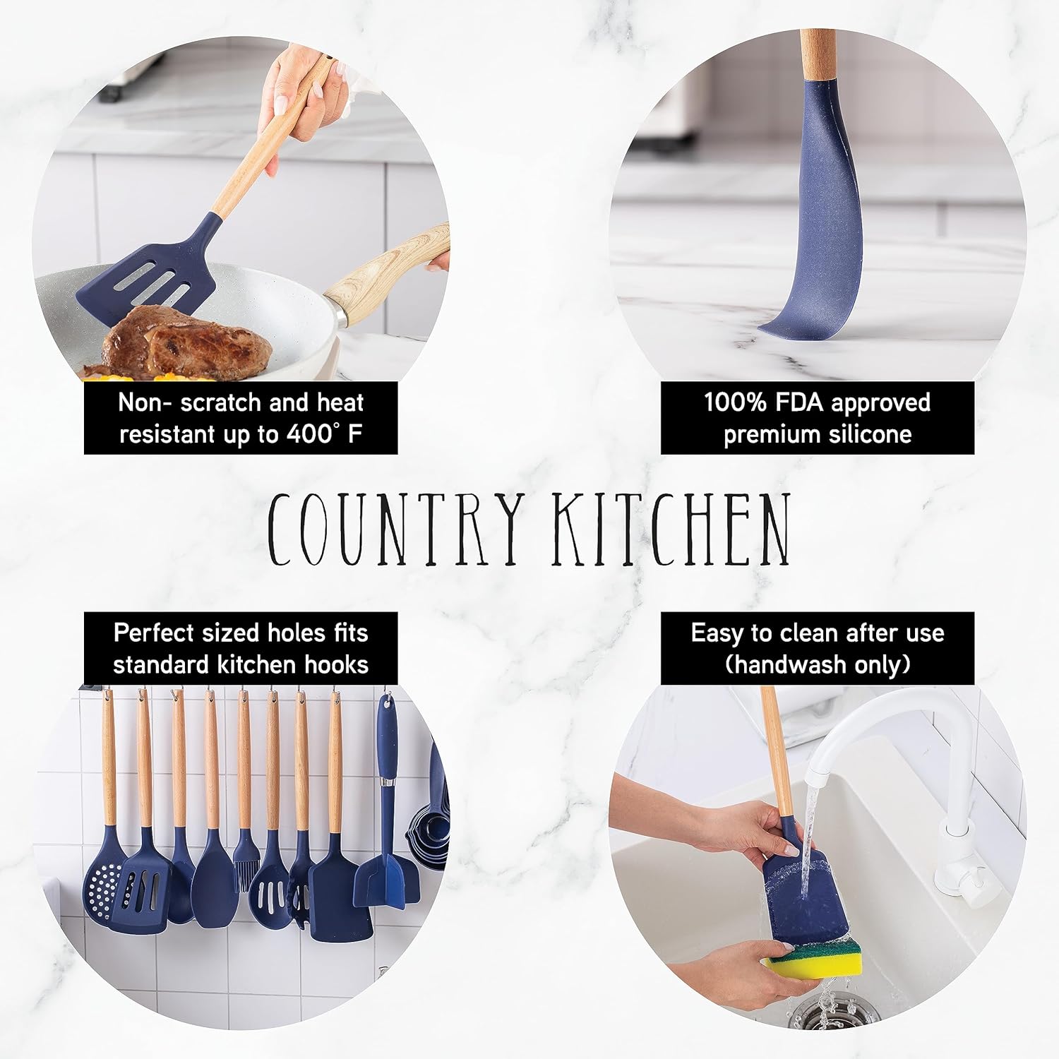 Country Kitchen Non Stick Silicone Utensil Set with Rounded Wood Handles for Cooking and Baking, 38 Piece Set, Navy - Image 2