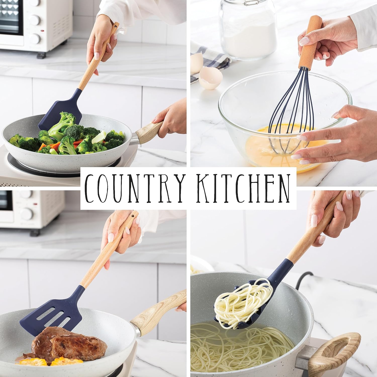 Country Kitchen Non Stick Silicone Utensil Set with Rounded Wood Handles for Cooking and Baking, 38 Piece Set, Navy - Image 4