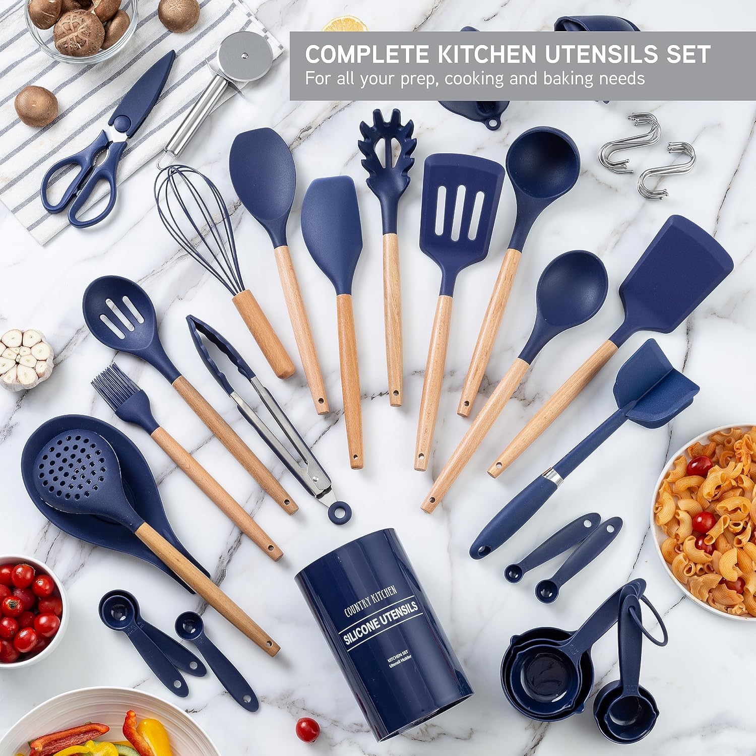 Country Kitchen Non Stick Silicone Utensil Set with Rounded Wood Handles for Cooking and Baking, 38 Piece Set, Navy - Image 3
