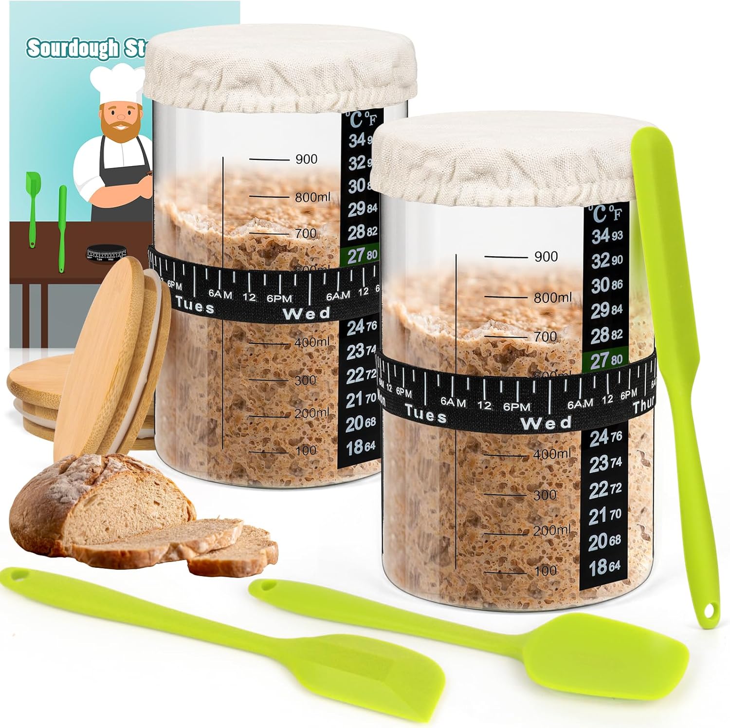 2 Packs Sourdough Starter Kit with 32 Oz Glass Jar, beginner baking guides