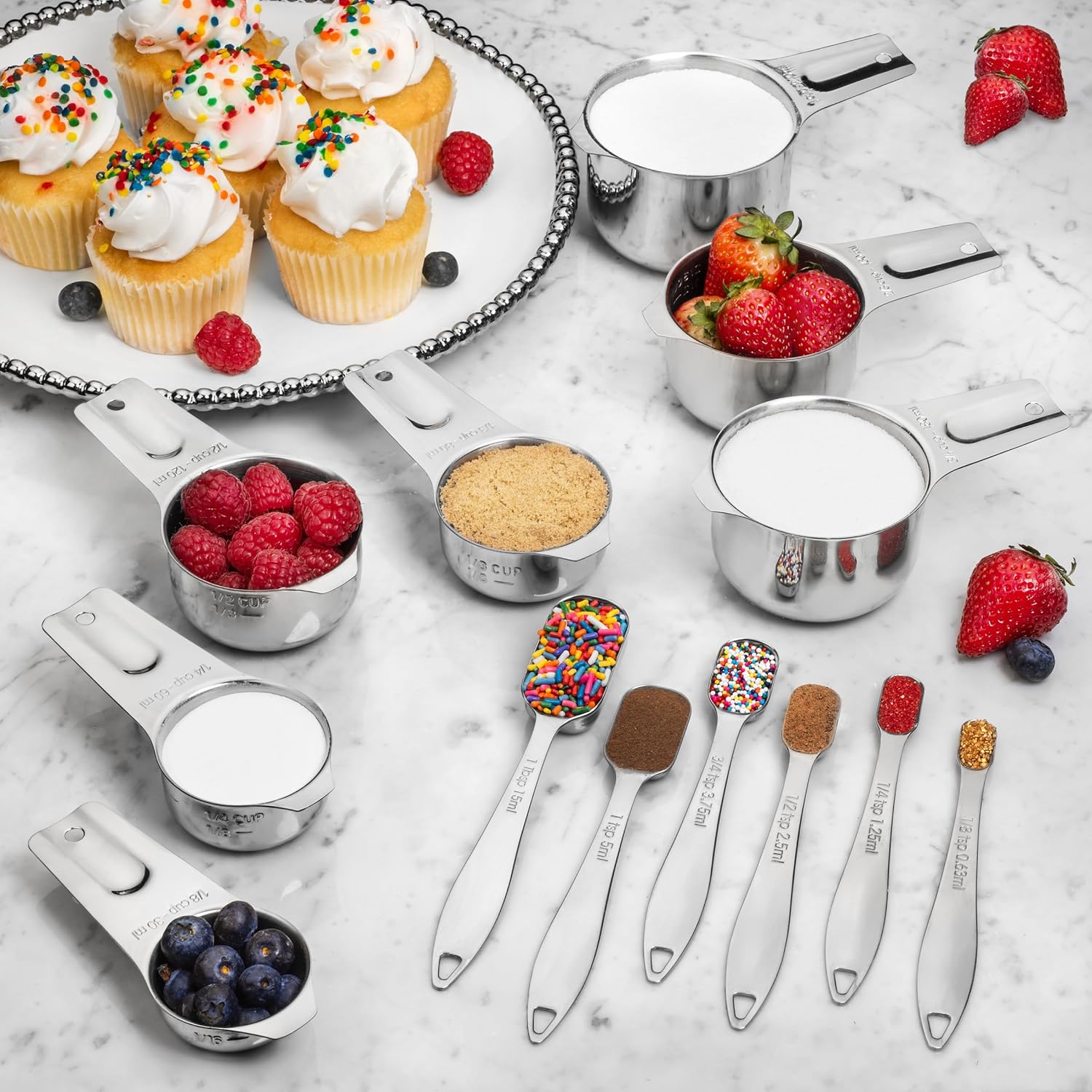 Stainless Steel Measuring Cups And Spoons Set - 13 Piece - Metal Kitchen Accessories For Cooking And Baking - Professional, Dishwasher Safe, Nesting, Stackable Design For Liquid And Dry Ingredients. - Image 7