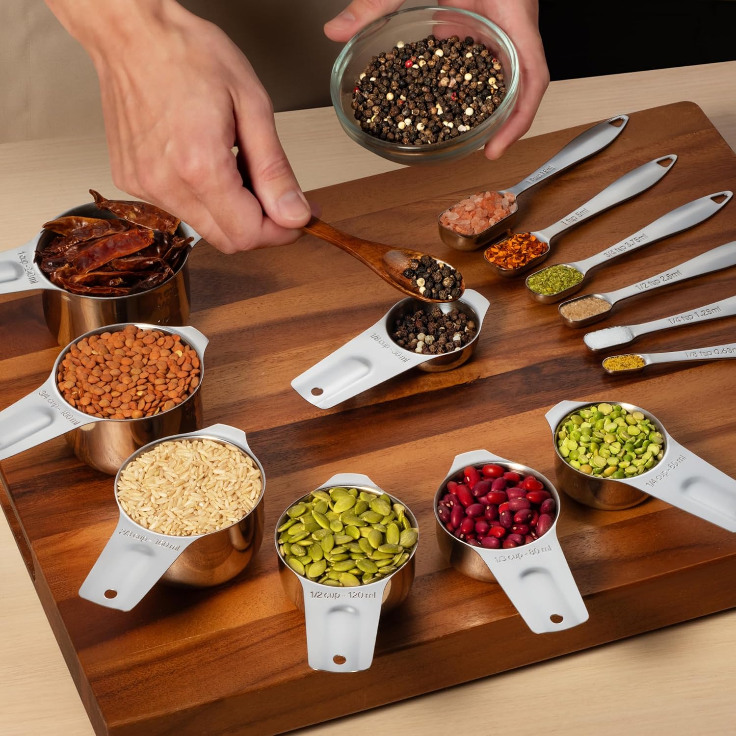 Stainless Steel Measuring Cups And Spoons Set - 13 Piece - Metal Kitchen Accessories For Cooking And Baking - Professional, Dishwasher Safe, Nesting, Stackable Design For Liquid And Dry Ingredients. - Image 4