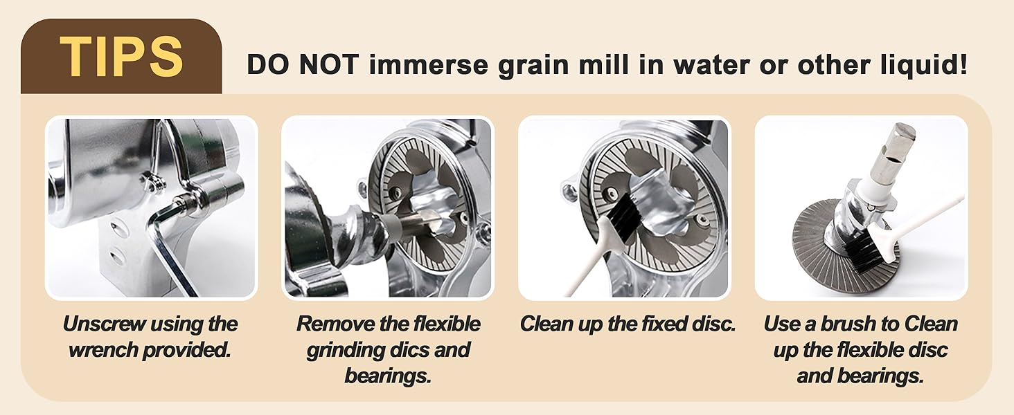 Effortless Maintenance. Do NOT immerse grain mill in water or other liquid!