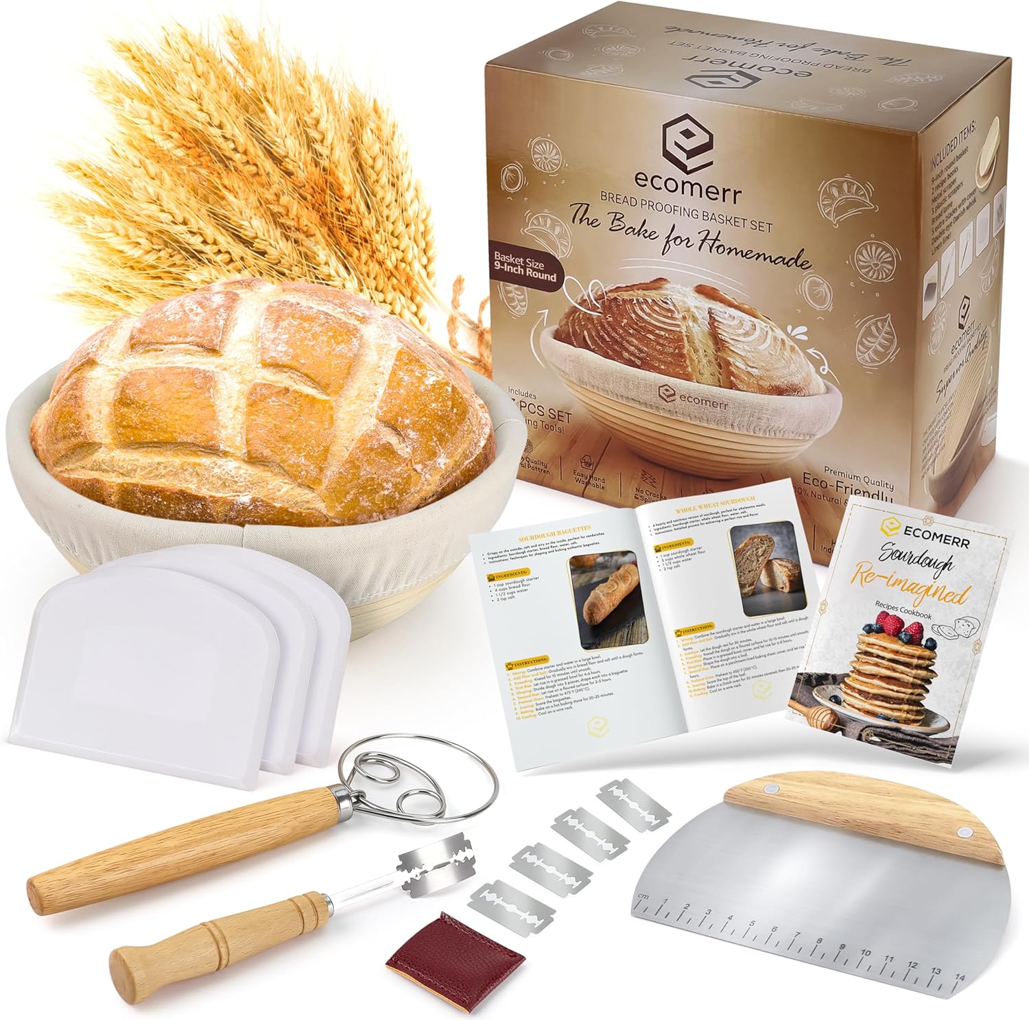 Banneton Bread Proofing Basket, 9inch Round Sourdough Starter Kit, Sourdough artisan bread making