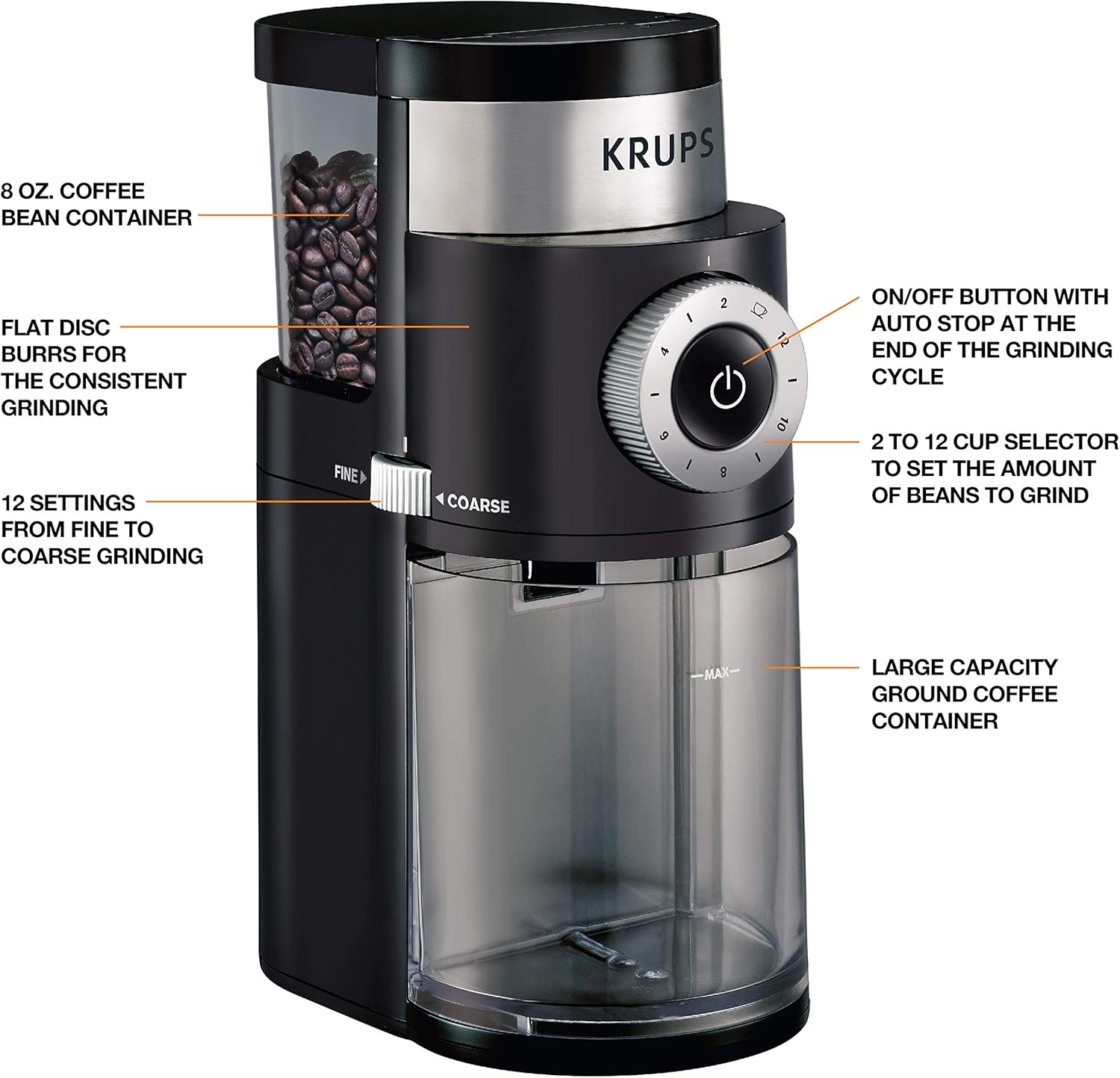 KRUPS Precision Burr Coffee Grinder: 12 Settings, 8 oz Capacity for Drip, French Press, Espresso, Pour Over, Cold Brew - Stainless Steel, 110W, Auto-Stop, Easy Clean - Image 2