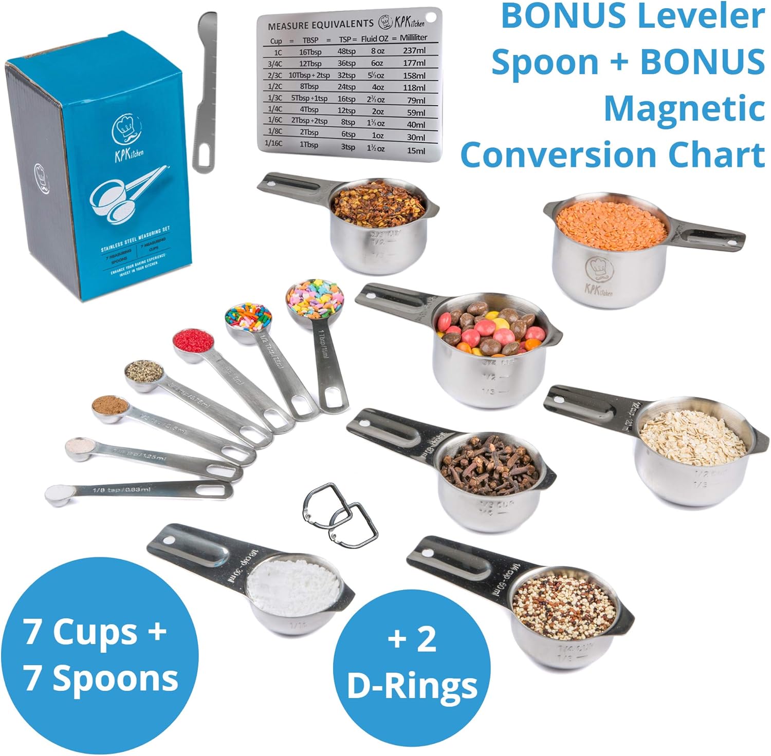 Stainless Steel Measuring Cups and Spoons Set of 16-7 Cup & 7 Spoon + Conversion Chart & Leveler - Kitchen Measuring Spoons and Cups - Dry Measure Cups Stainless Steel & Baking Metal Measuring Cups - Image 2