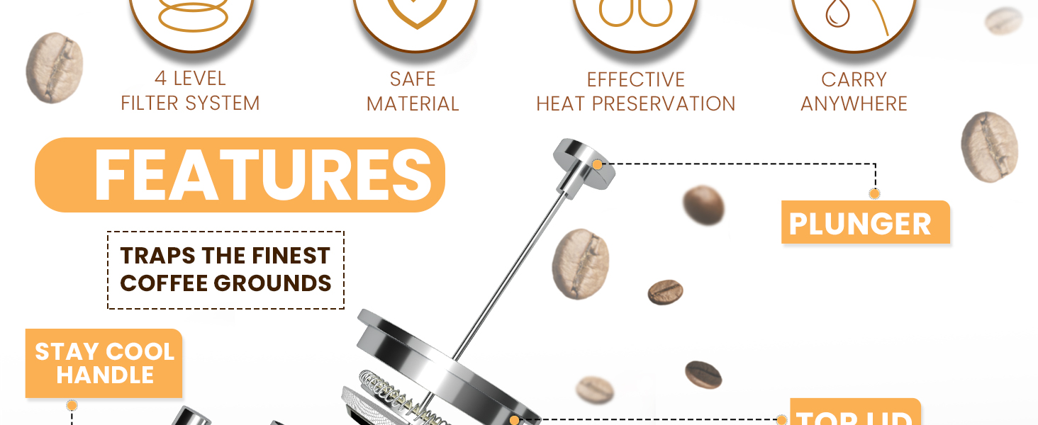 French press coffee maker, French Press stainless steel, 32 OZ French Press