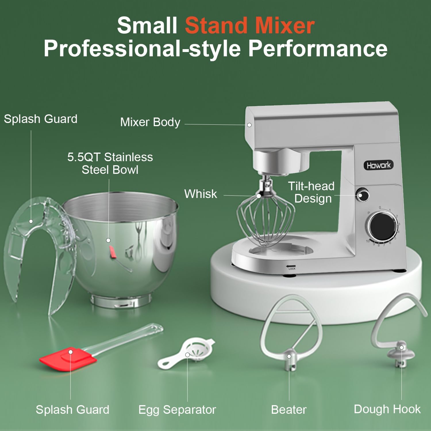 HOWORK Stand Mixer,10+p Speeds With 5.5QT Stainless Steel Bowl,Dough Hook, Wire Whip & Beater,for Most Home Cooks,Silver - Image 4