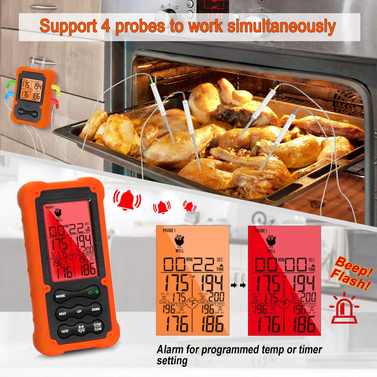 Grill Smoker BBQ Cooking Food Thermometer Oven Safe - Digital Wireless Meat Thermometer for Grilling Smoking with 4 Probes - Kitchen Baking Steak Turkey Candy Thermometers, not for Medical Purposes - Image 3