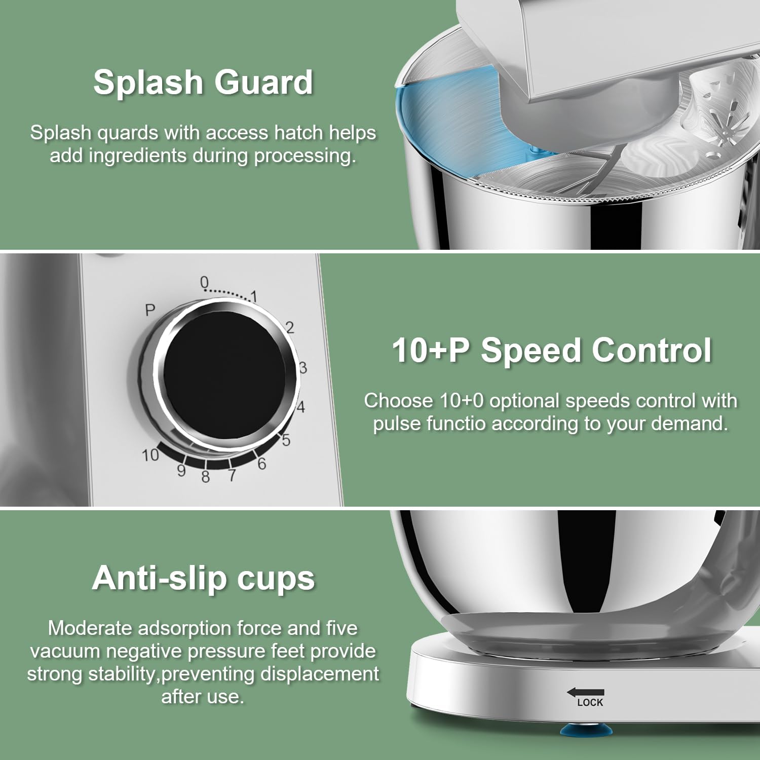 HOWORK Stand Mixer,10+p Speeds With 5.5QT Stainless Steel Bowl,Dough Hook, Wire Whip & Beater,for Most Home Cooks,Silver - Image 8