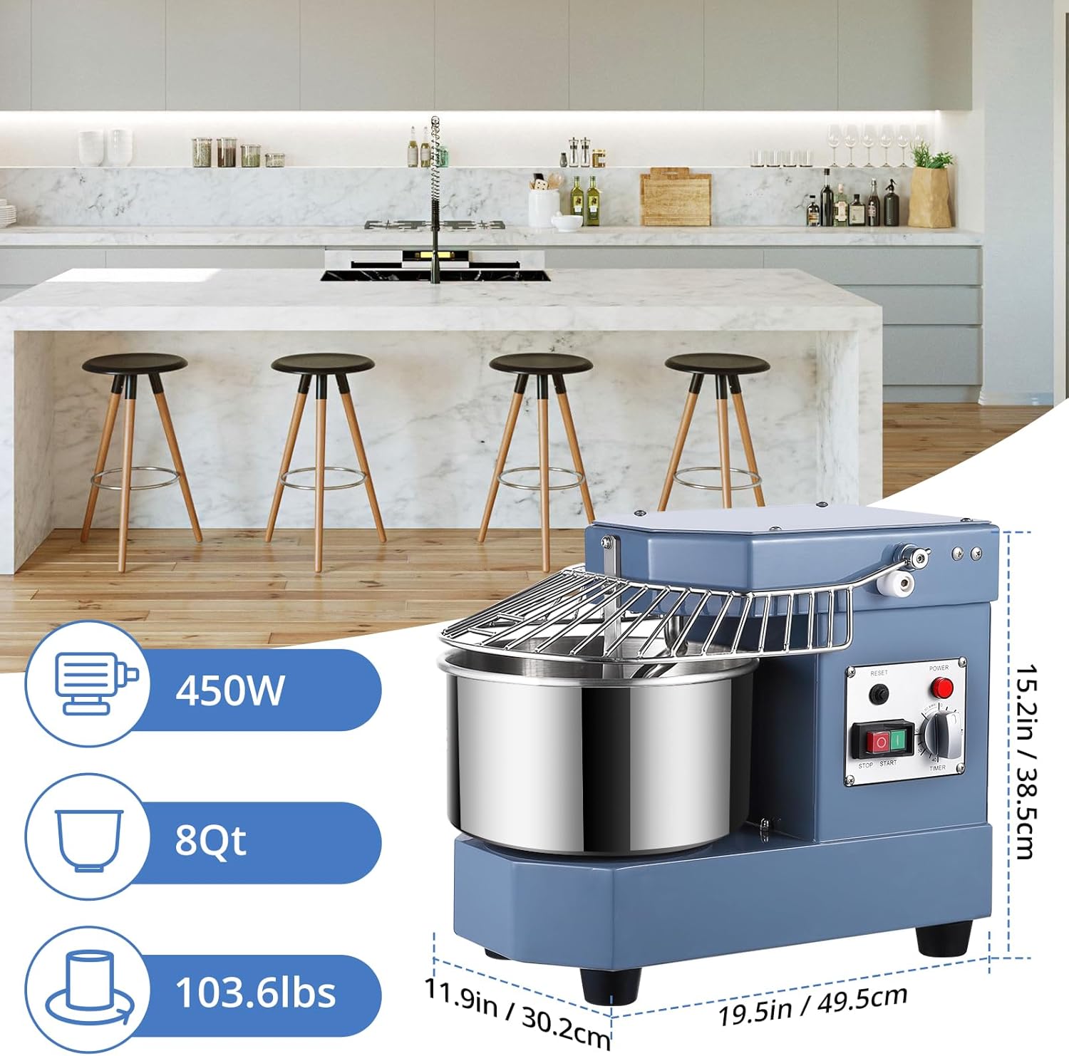 8Qt Commercial Food Mixer, 450W Dual Rotating Dough Kneading Machine w Food-grade Stainless Steel Bowl, Security Shield & Timer, Commercial Electric Stand Mixer for Restaurant Pizzeria - Image 5