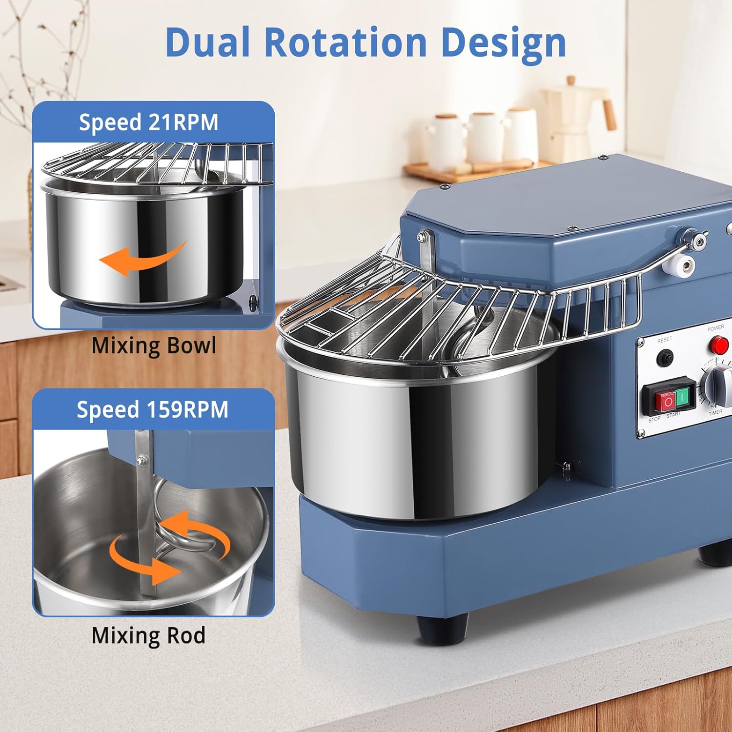 8Qt Commercial Food Mixer, 450W Dual Rotating Dough Kneading Machine w Food-grade Stainless Steel Bowl, Security Shield & Timer, Commercial Electric Stand Mixer for Restaurant Pizzeria - Image 3
