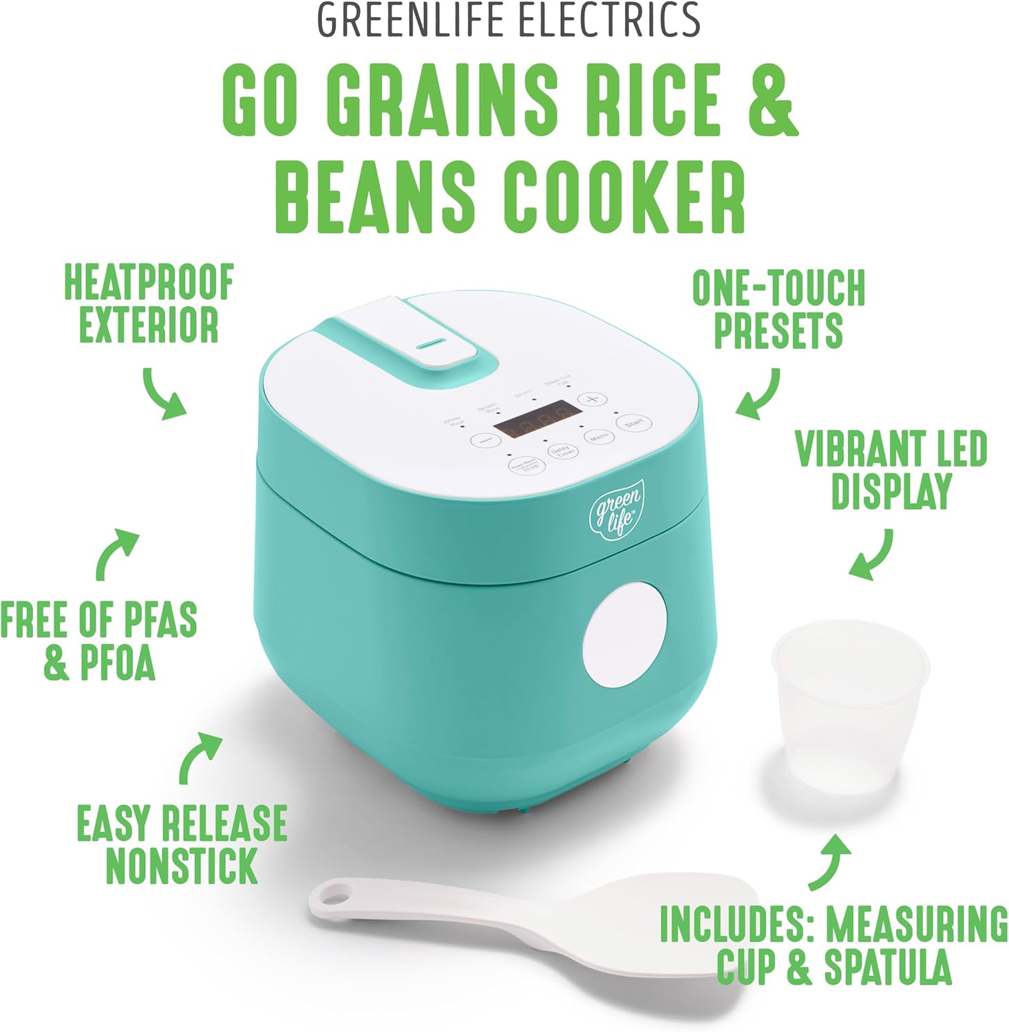 GreenLife PFAS-Free, 4-Cup Rice Beans Oats and Grains Cooker, Healthy Ceramic Nonstick, Easy to Use Automatic Presets, Dishwasher Safe Parts, Turquoise - Image 3