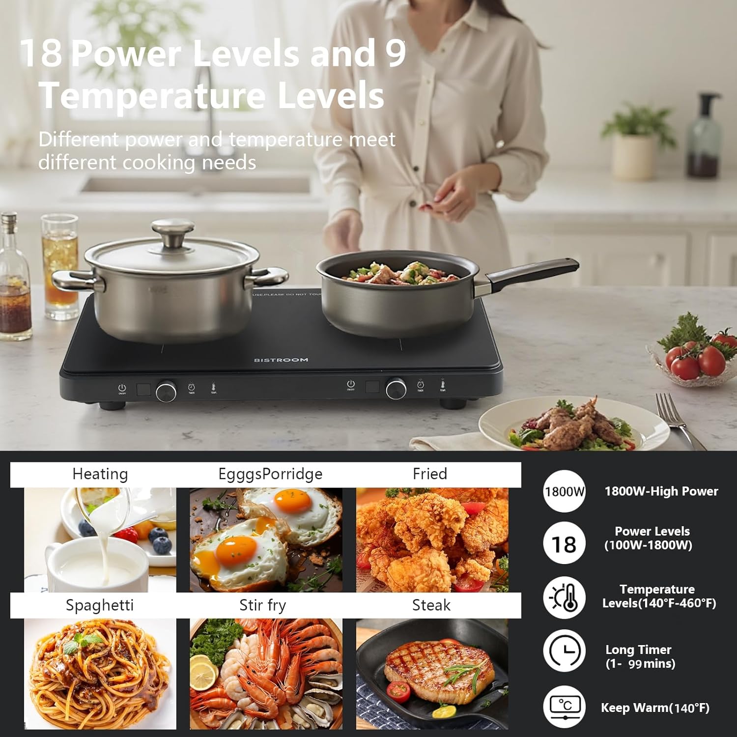 Double Burner Induction Cooktop Continuous Low Power 9 Temperature Countertop Knob Control 1800W 18 Power 2 Electric Sensor Touch Timer Stove - Image 4