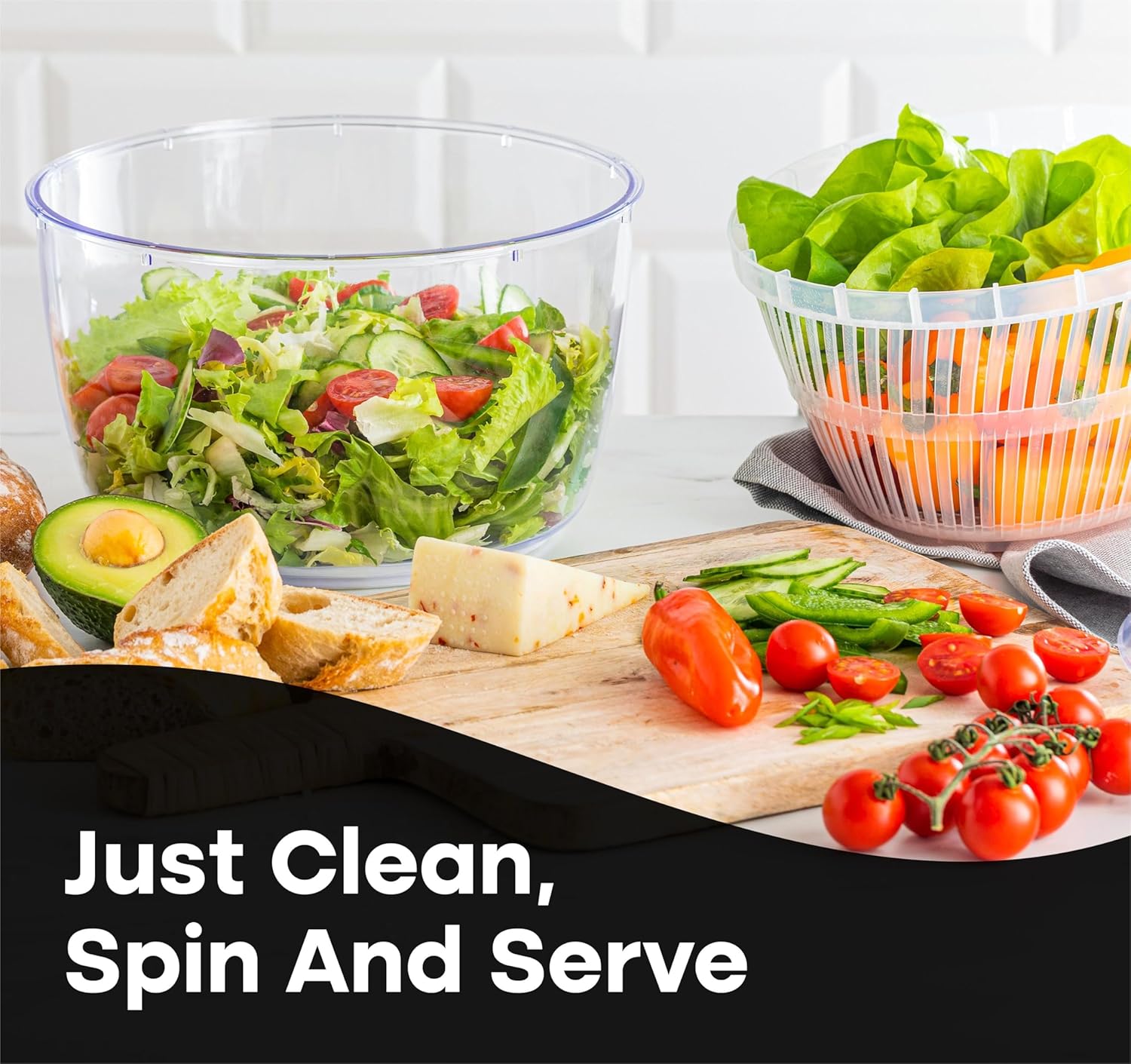 lily&stone Large Salad Spinner with Plastic Fruit Bowl, Drain, & Colander - Produce & Lettuce Spinner, Vegetable Dryer, Fruit Washer, Easy & Compact Kitchen Tool - Pasta & Fries Strainer - 6.33 Qt - Image 5