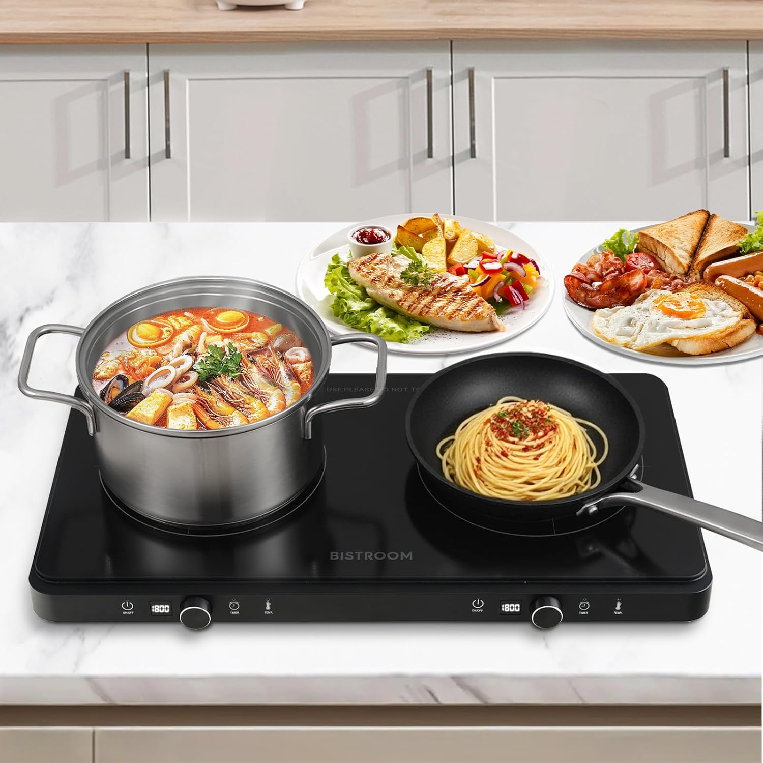 Double Burner Induction Cooktop Continuous Low Power 9 Temperature Countertop Knob Control 1800W 18 Power 2 Electric Sensor Touch Timer Stove - Image 7