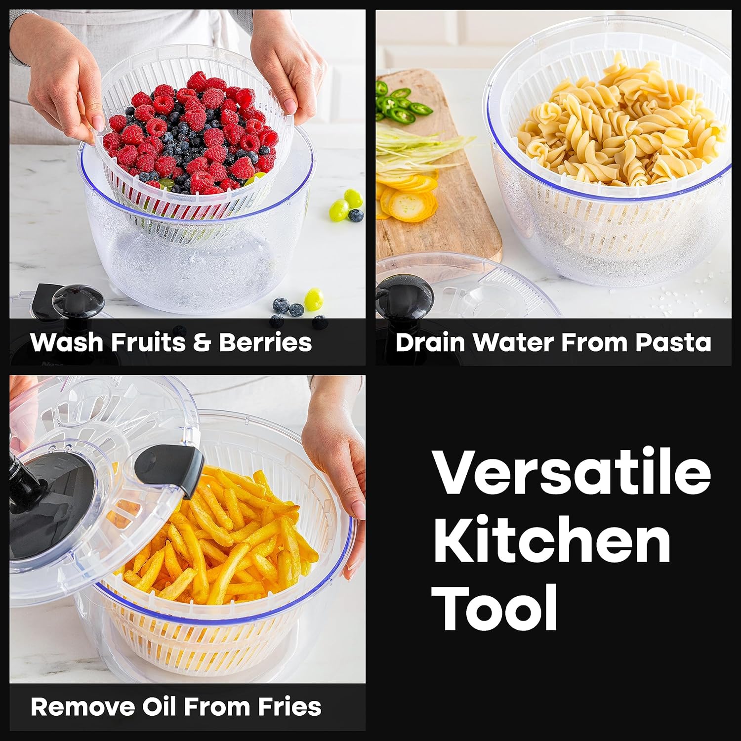 lily&stone Large Salad Spinner with Plastic Fruit Bowl, Drain, & Colander - Produce & Lettuce Spinner, Vegetable Dryer, Fruit Washer, Easy & Compact Kitchen Tool - Pasta & Fries Strainer - 6.33 Qt - Image 6