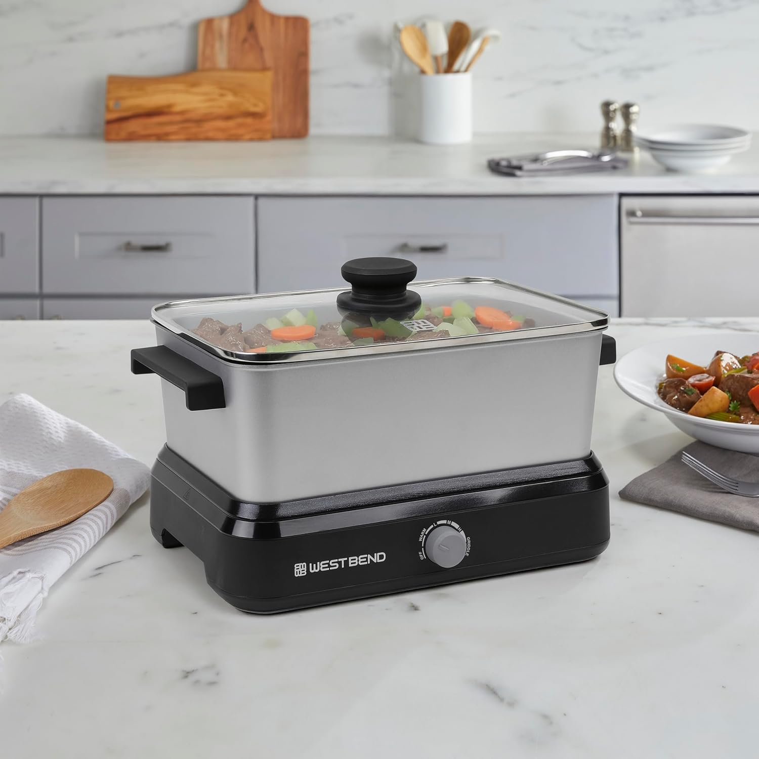 West Bend Versatility Slow Cooker Large Capacity Non-stick Cooking Vessel & Variable Temperature Heating Base Includes Travel Lid and Storage Bag, Range and Oven-Safe Cooking Pot, 5-Quart, Silver - Image 2