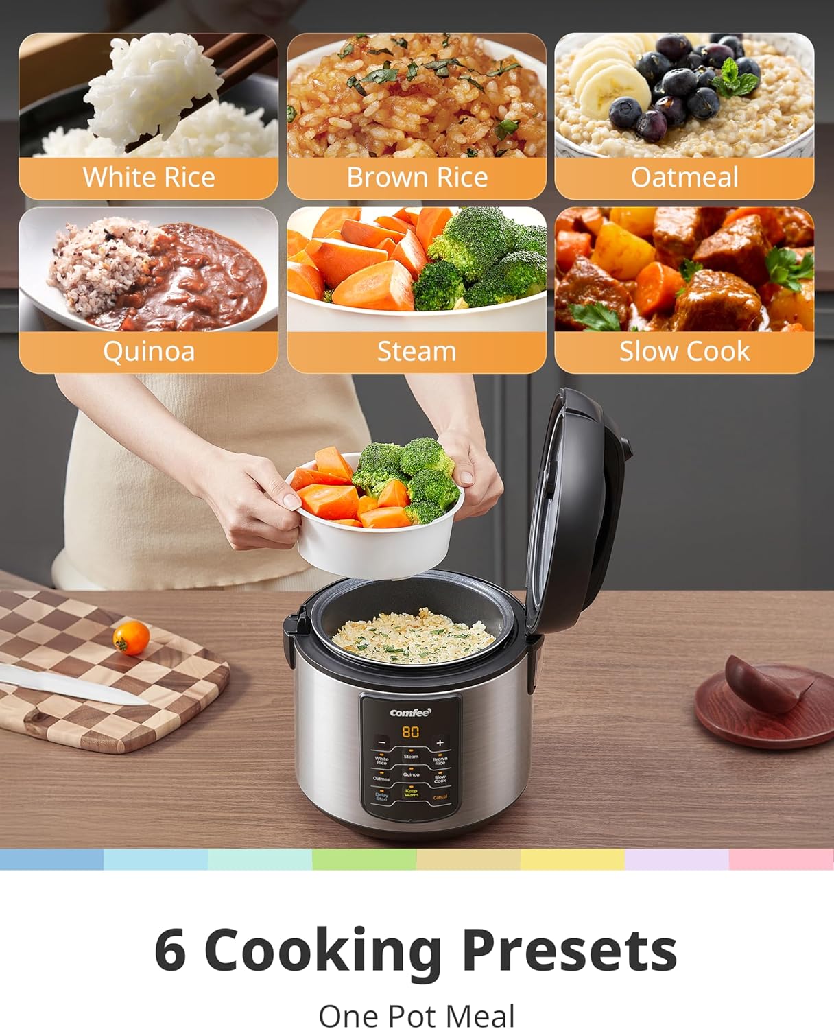 COMFEE' Compact Rice Cooker, 6-in-1 Stainless Steel Multi Cooker, Slow Cooker, Steamer, Saute, and Warmer, 2 QT, 8 Cups Cooked(4 Cups Uncooked), Brown Rice, Quinoa and Oatmeal, 6 One-Touch Programs - Image 2