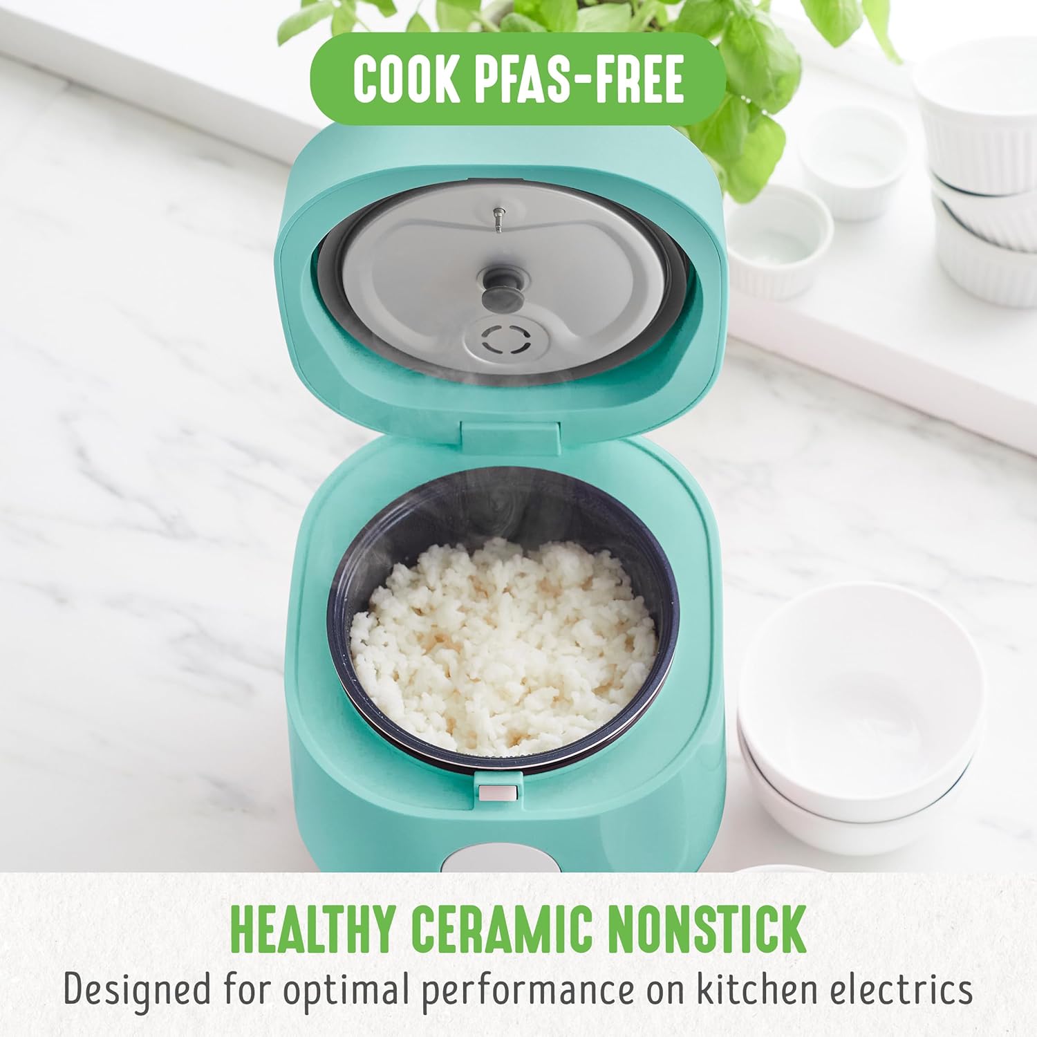 GreenLife PFAS-Free, 4-Cup Rice Beans Oats and Grains Cooker, Healthy Ceramic Nonstick, Easy to Use Automatic Presets, Dishwasher Safe Parts, Turquoise - Image 2