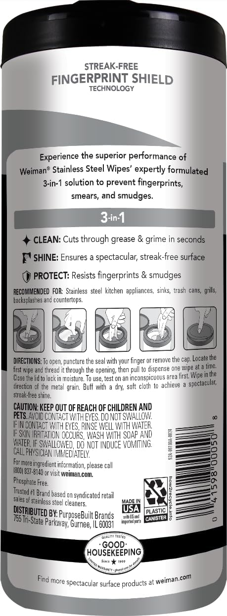 Weiman Stainless Steel Cleaner, 30 Count Cleaning Wipes, Removes Dirt, Grime, and Grease, No Streaks or Residue, Stainless Steel Polish for a Sparkling Clean and Shiny Surface, Cleaning Supplies - Image 2